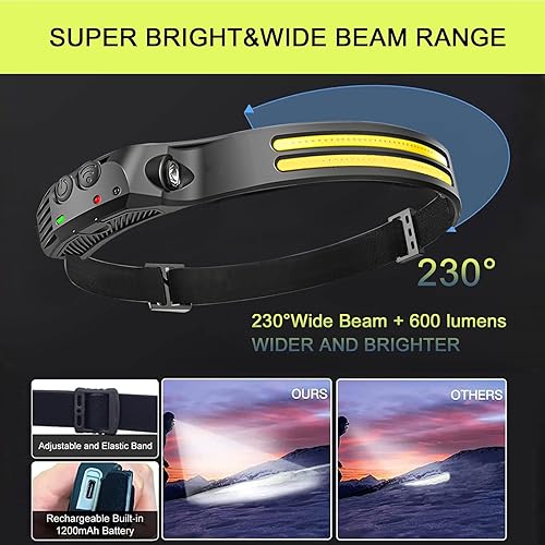 Miniatura 3 de Nuevo faro LED recargable, 230 COB Super Bright Head Lights para la frente, 6 modos de luz de casco duro para adultos, linterna USB C diadema para