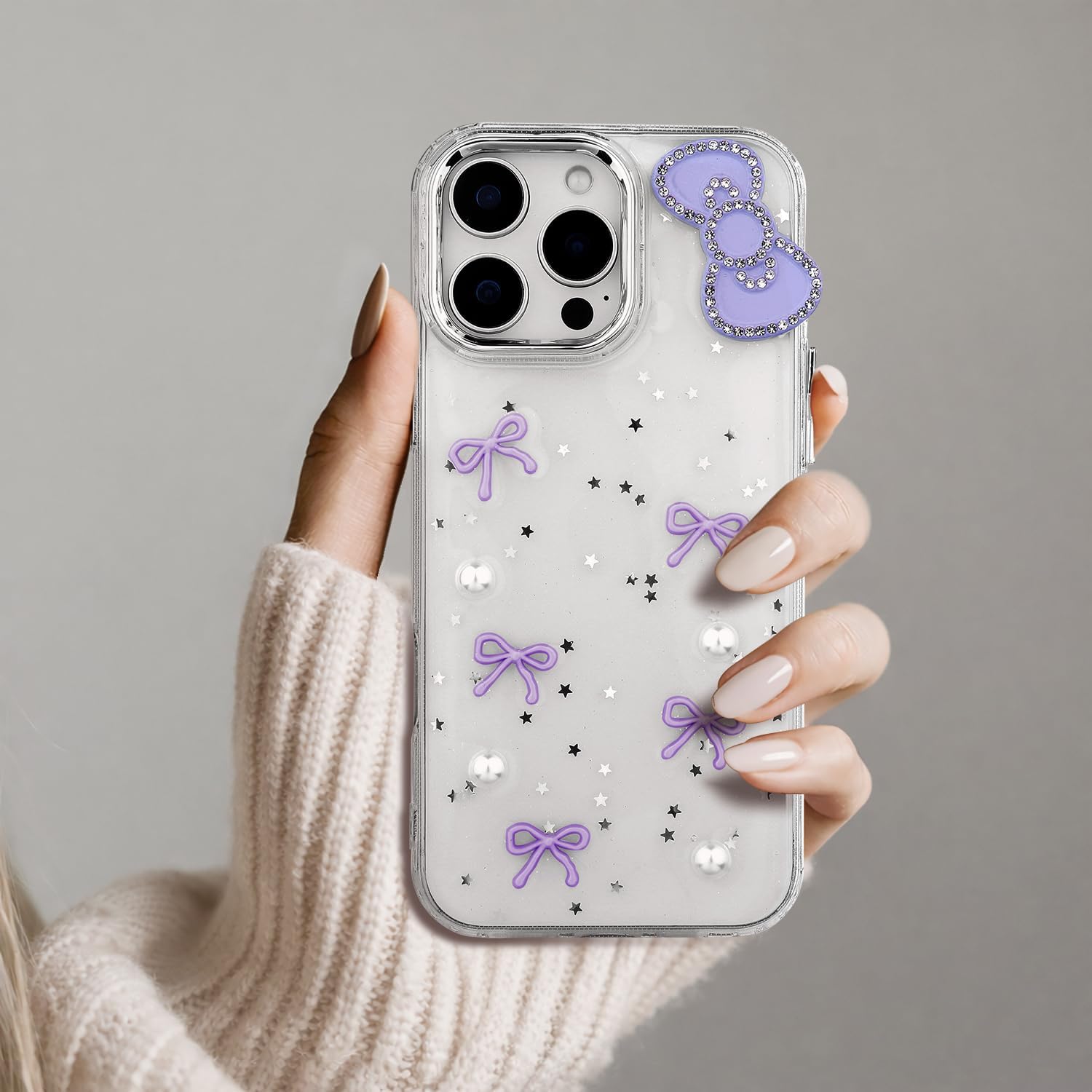 for iPhone 12 Pro Max Case Cute Bow 3D Phone Case, Clear Glitter Bowknot Aesthetic Design Soft TPU Slim Shockproof Protective Cover for Women Girls-Purple image 4