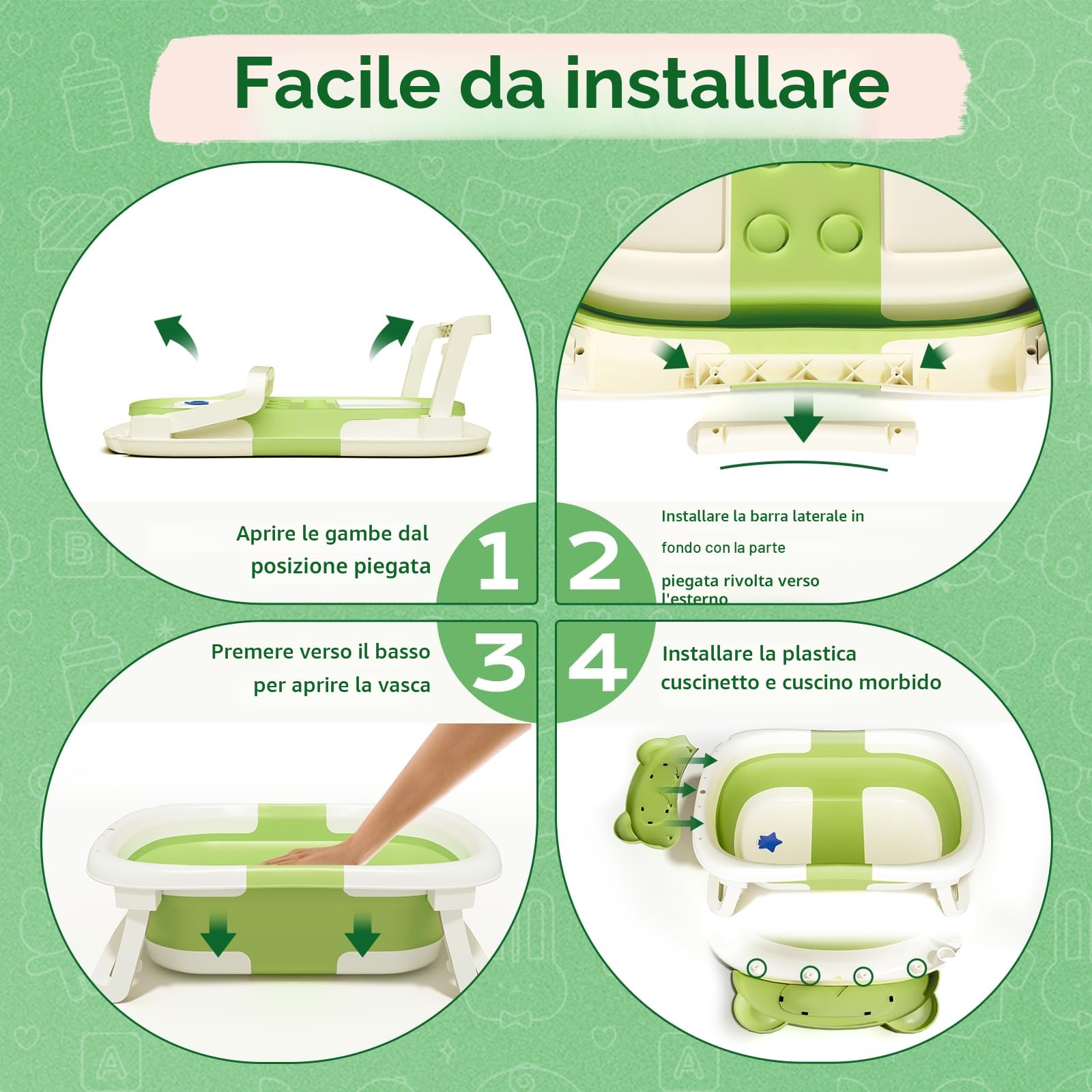 COOSEYA Vasca Neonato Bagnetto, Vasca Neonato Con Supporto Da Bagno Gratuito, Verde