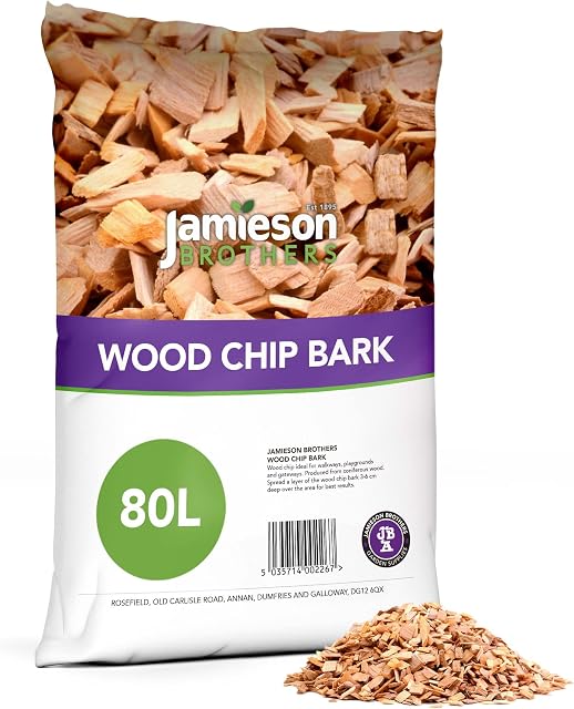 Jamieson Brothers Wood Chips  80L Bag of Landscape Bark Wood Chippings for Mulching, Weed Suppression, Landscaping Gardens, Kids Play Areas & Grounding for Chickens  For Gardeners & Landscapers
