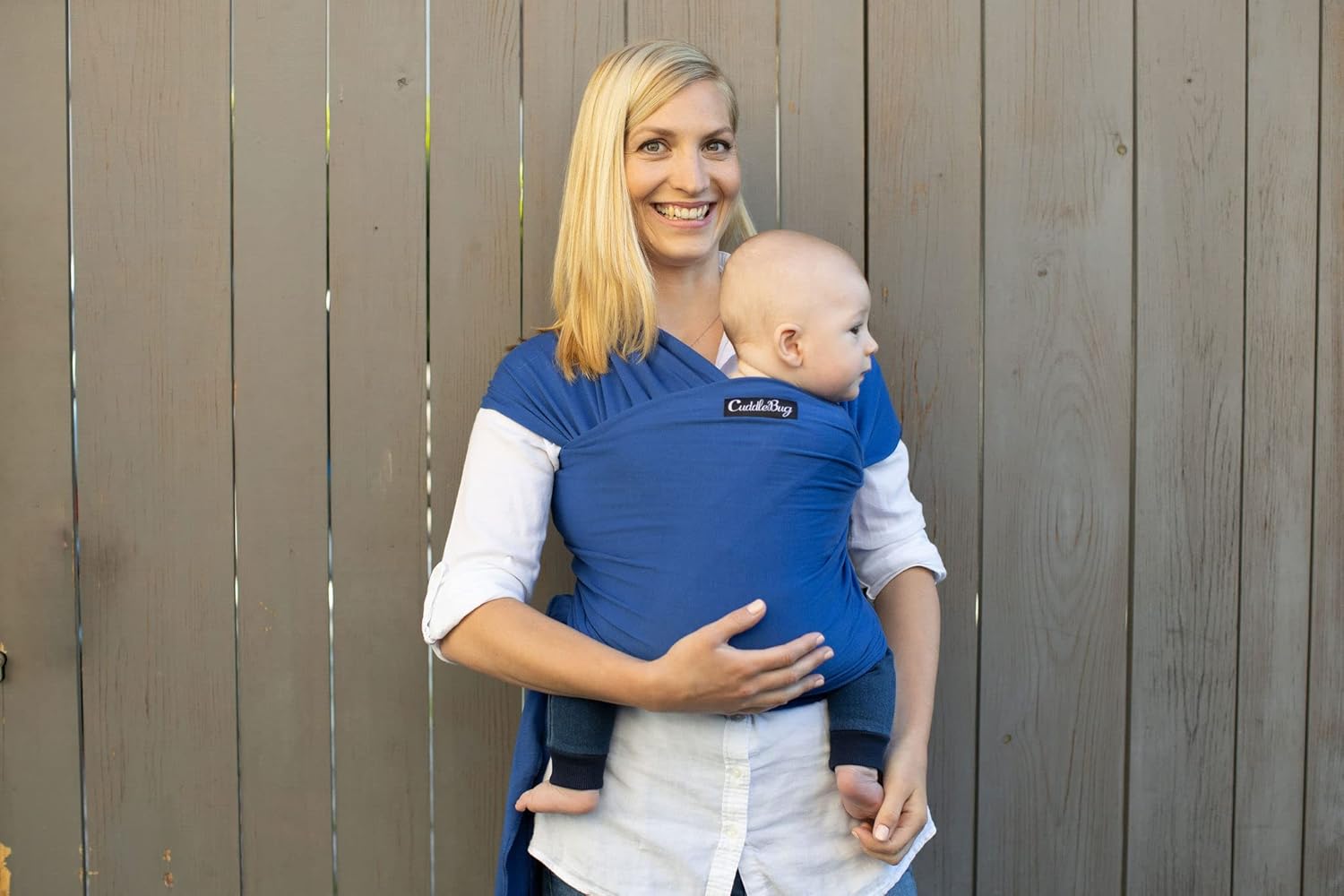 Cuddlebug Hands-Free Baby Carrier - Soft & Stretchy Wrap for Newborn to Toddler 7-35 lbs - One-Size-Fits-All Hip-Healthy Holder (Blue)