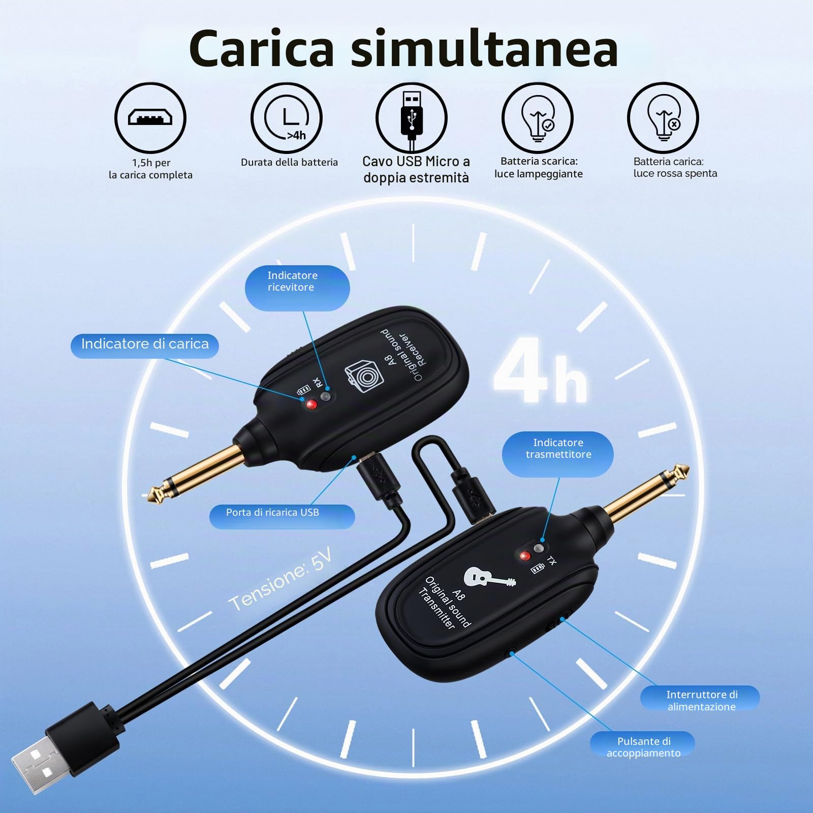 A8 Sistema Wireless per Chitarra 2 Modalità Batteria al Litio Ricaricabile Integrata Trasmettitore Ricevitore Audio UHF Wireless per Chitarra Acustica Basso Violino