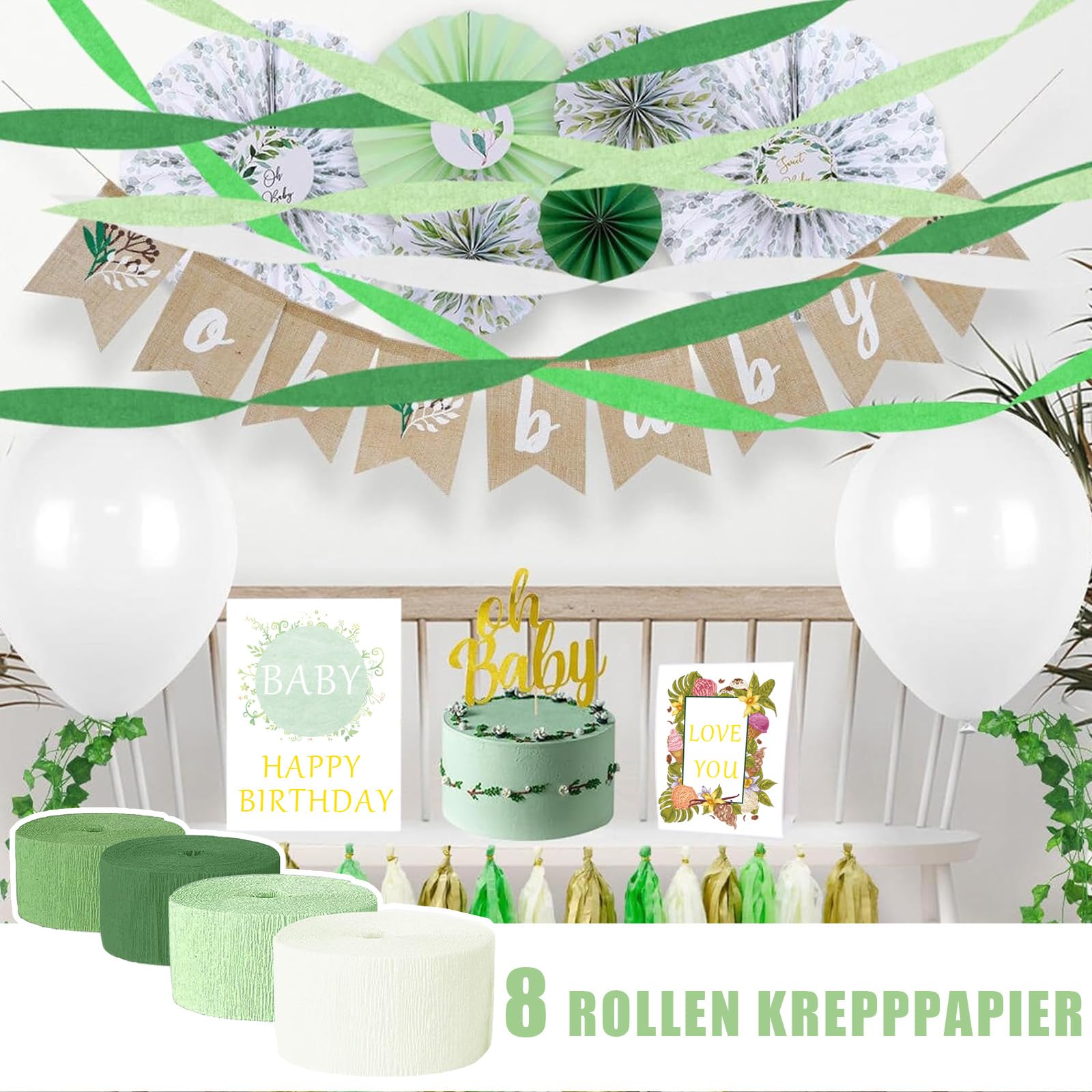 Carta Crespa Per Decorazioni - 8 Rotoli Verdi E Bianco