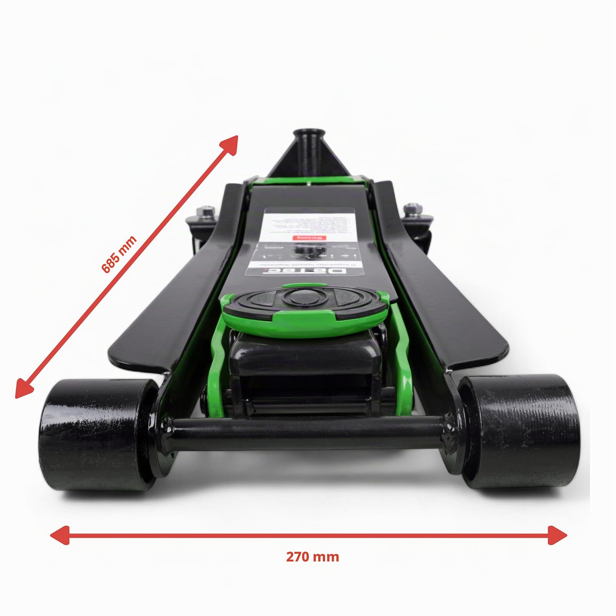 DeTec. DT-3TWH Cric idraulico 3t – Verde | Sollevatore auto piatto | Doppia trazione (profondità di inserimento 75 mm, altezza massima 500 mm, portata 3000 kg, lunghezza asta pompa: 1150 mm)