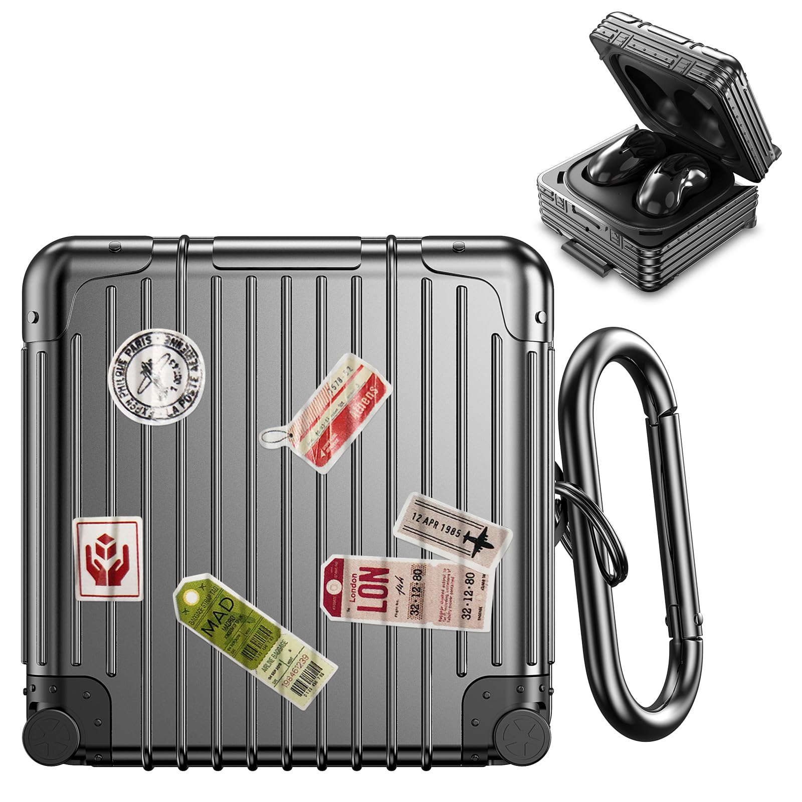 KOREDA Funny Suitcase Design Case for Samsung Galaxy Buds FE/Galaxy Buds 2 Pro/Buds Pro/Buds 2, Cute Fashion Protective Hard Case for Women Men with Keychain (Black)