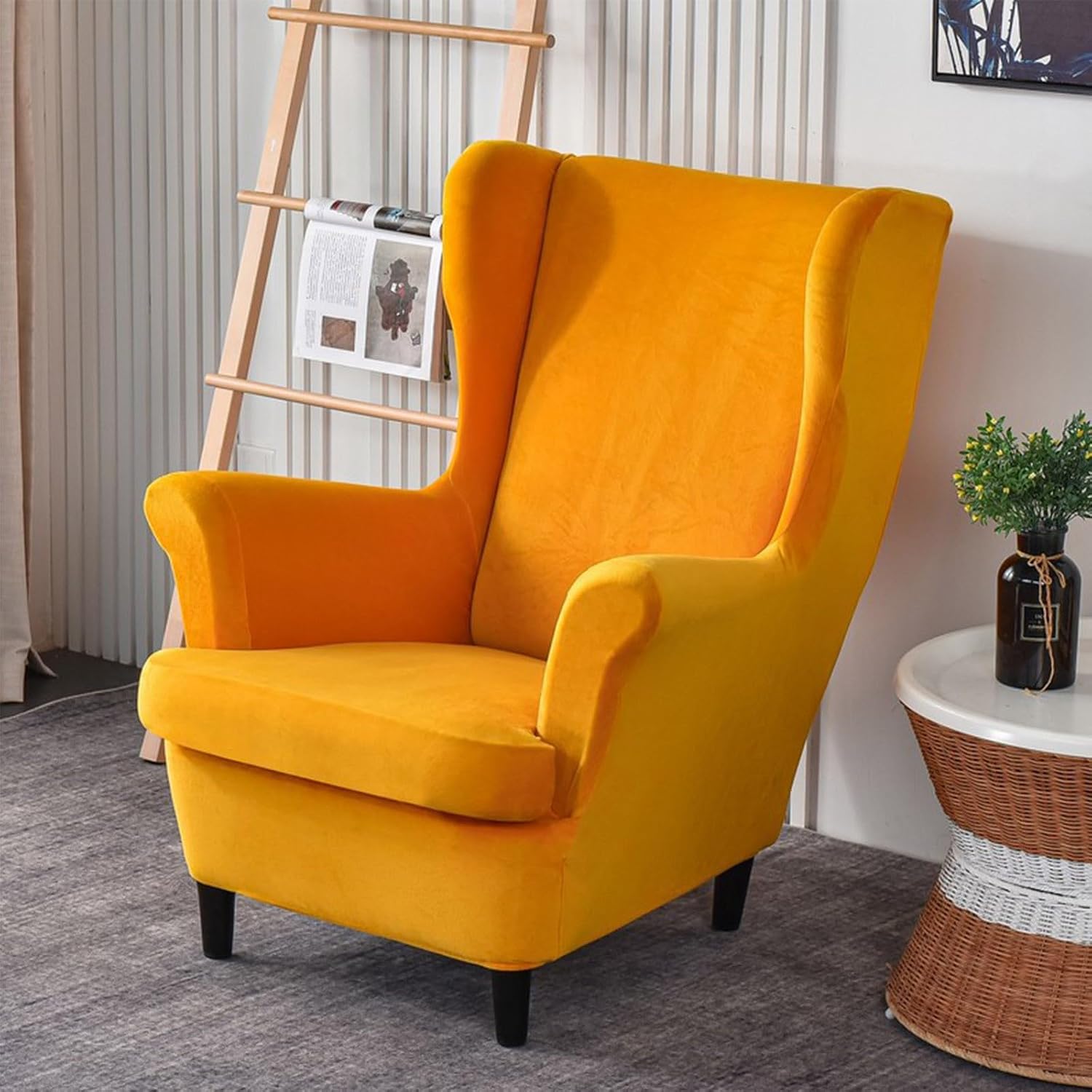 Wingback Chair Covers 2 Piece Soft Velvet Armchair Slipcovers with Arms Solid Color Sofa Couch Cover with Elastic Bottom for Living Room Bedroom Gold