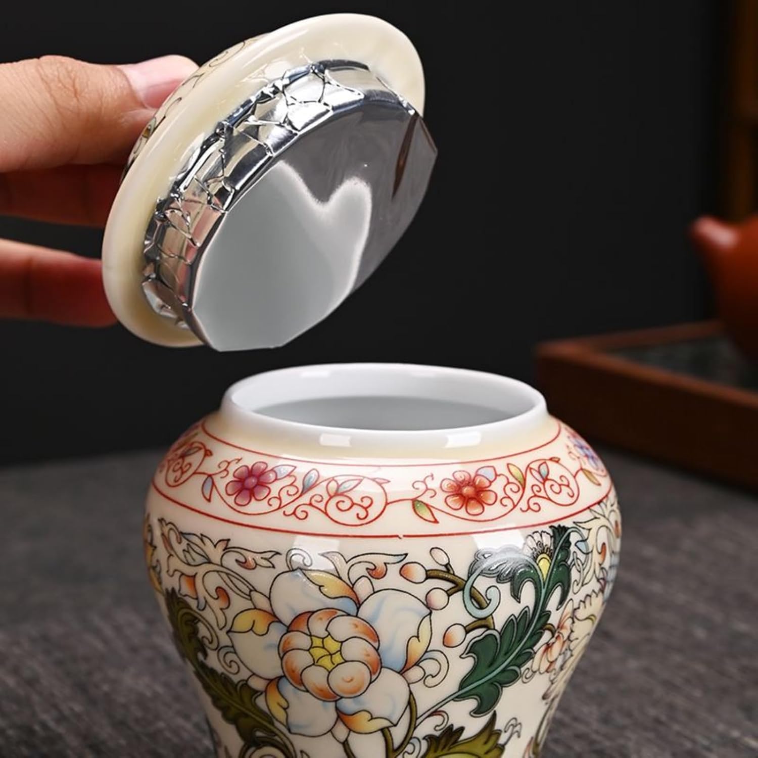 Ceramics Tea Caddy, 300ml 10.2oz, Antique Porcelain Tea Storage Jar Enamel Colored Living Room Decorations