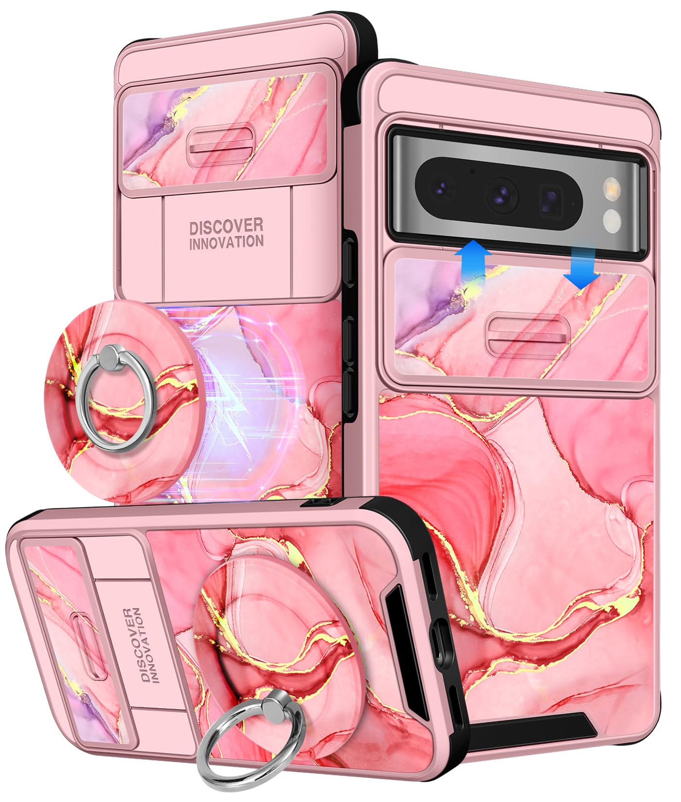 Buleens for Google Pixel 8 Pro Case 6.7 Inch - with Ring Stand & Camera Cover Aesthetic Cute Designed Women Girls Pretty Girly Fashion Unique Teens