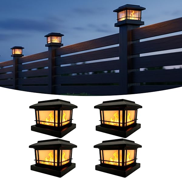 4 Pack Solar Flame Post Lights Outdoor, Solar Powered Fence Post Cap Lights, High Brightness Flickering Flame SMD LED Lighting Decor for Garden Deck Patio, 4x4, 5x5 or 6x6 Vinyl/Wooden Posts - 1