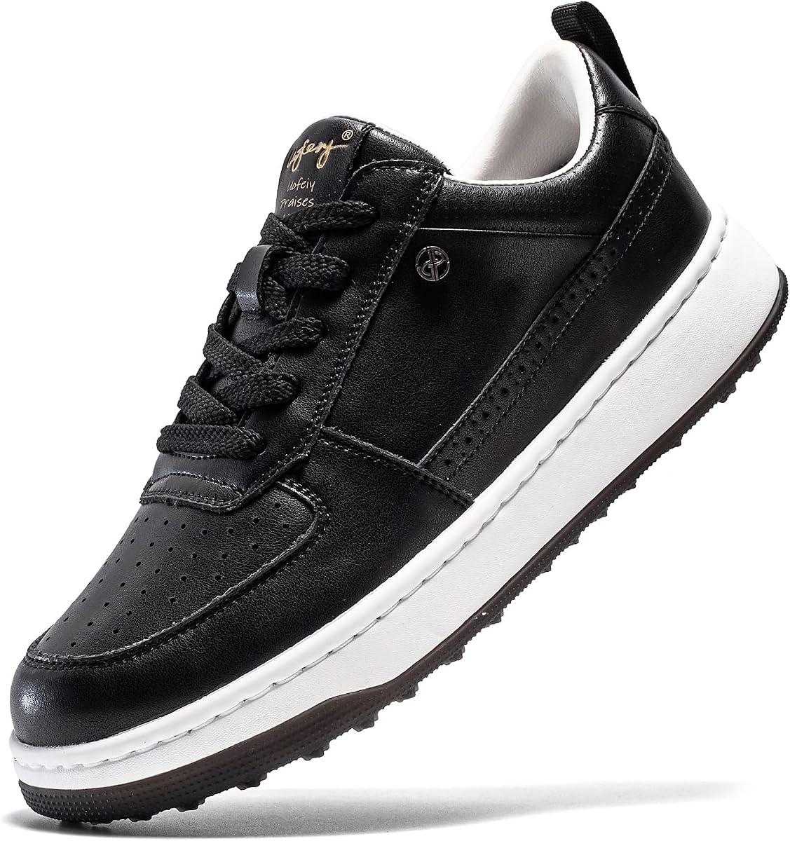 UOFEIY Men's Golf Shoes Spikeless, Water-Resistant Leather Upper, Comfortable Walking Cushion, Rubber Traction Outsole, Breathable Perforated Design, Golf Sneakers