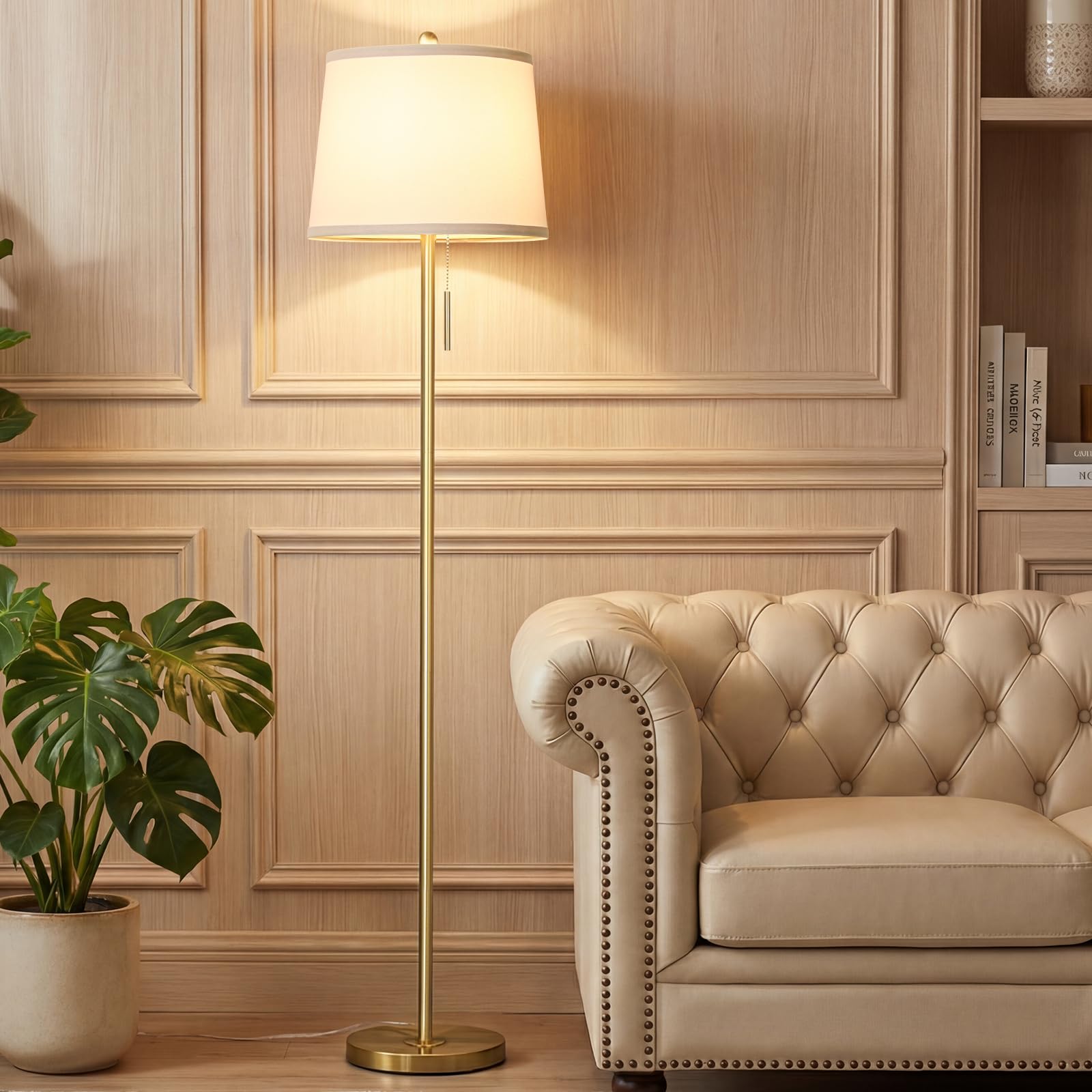 JUNNAI Stehlampe Wohnzimmer, 160 cm Modern Stehleuchte mit Leinen-Lampenschirm & E27 Birne 3 Farbtemperatur Standleuchte für Schlafzimmer Büro(9W LED-Glühbirne enthalten) -Gold