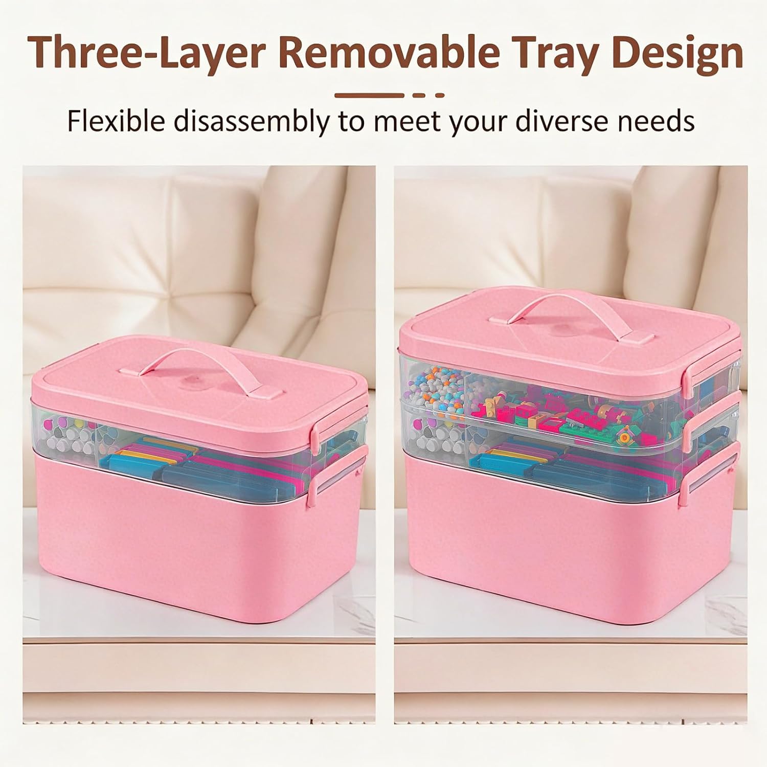 Gifhomfix 3-Layer Plastic Craft Organizers and Storage Box with Removable Trays, Storage Containers with lids and Handle, Art Supply Storage Organizer for Bead, Ornament, Nail Polish, Tape（Pink）