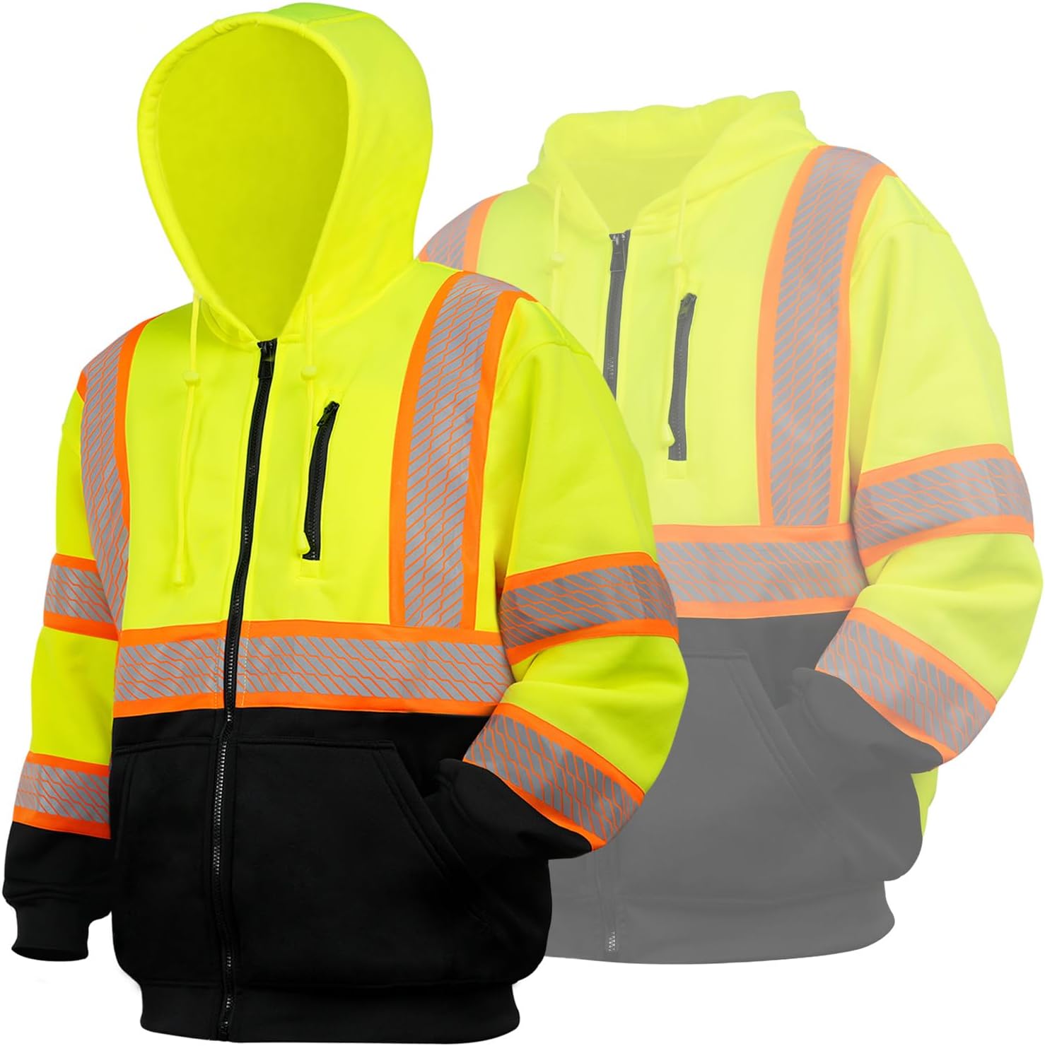 GLIMMR High Visibility Safety Hoodie Reflective ANSI Class 3 Sweatshirts for Men Hi Vis Construction Work Zipper Jackets - Image 2