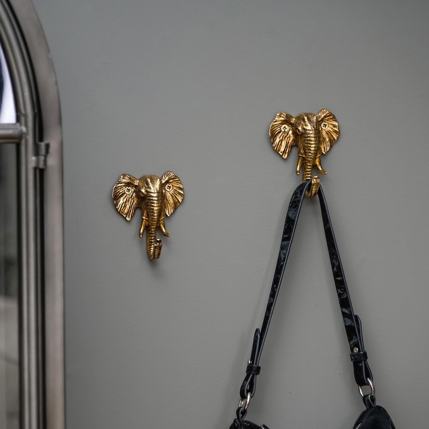 SOFFEE DESIGN 2PCS Metal Golden Coat Hook with Elephant Head Shape, Retro Decorative Wall Hooks for Entryway, Bathroom, Farmhouse Home Decor - Image 2