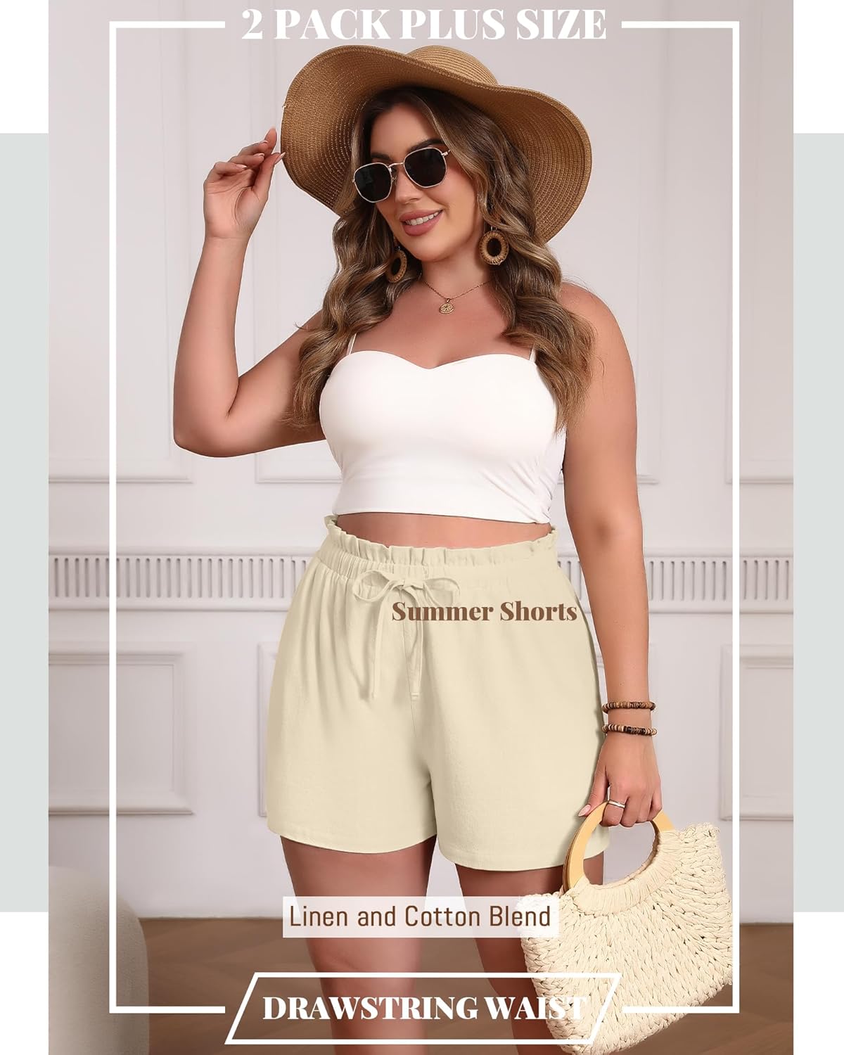 Evervibe 2 Pack Women's Linen Shorts L-5xl Plus Size with Pockets Drawstring High Waist Wide Leg Casual Summer Shorts