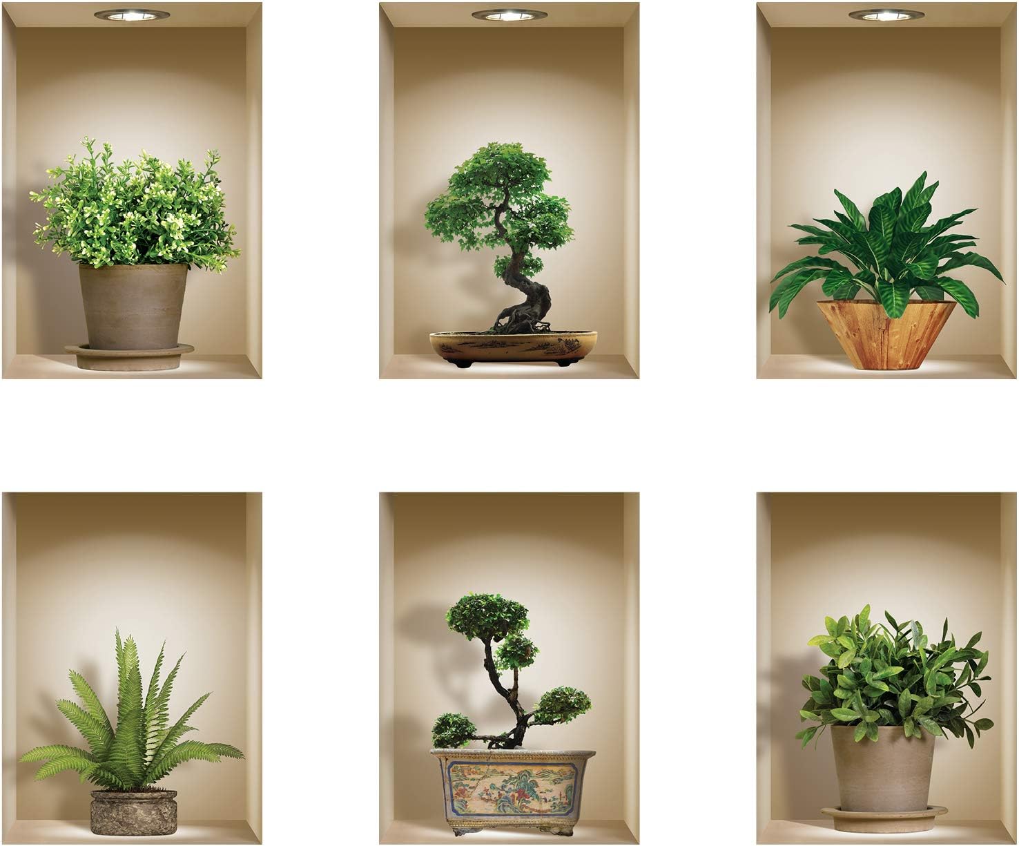 The Nisha 6 PC Pack Art Magic Pictures Peel and Stick 3D Vinyl Removable Wall Sticker Decals DIY Sticky Backsplash (Lighting Spots), Bonsai and Green Plants 610