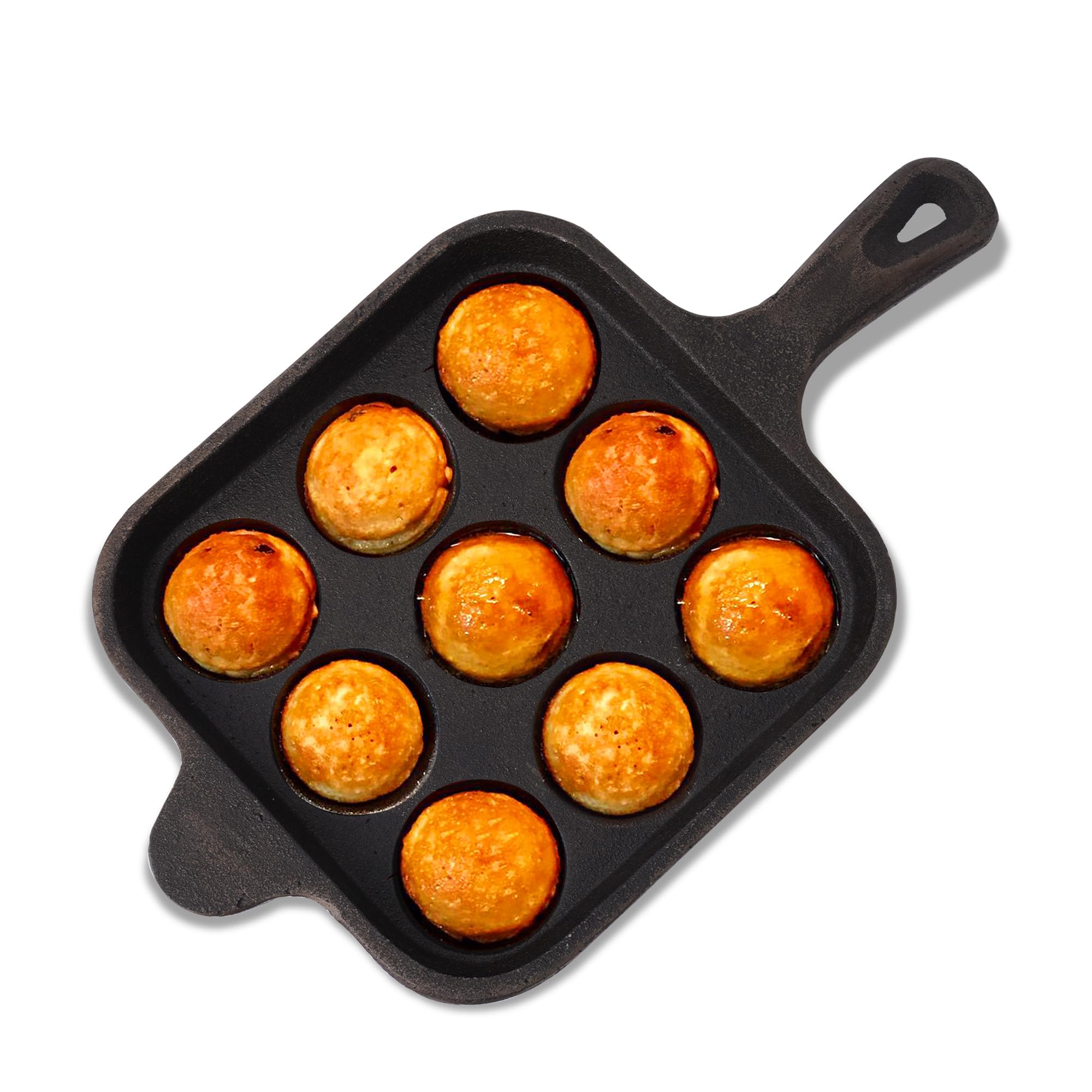The Indus Valley Pre-Seasoned Square Cast Iron Paniyaram Pan with Long Handle|9Pit, 18Cm/7 Inch, 2.4Kg|Induction Friendly|Pre-Seasoned Paddu Pan, 100% Pure & Toxin-Free, No Chemical Coating - Black