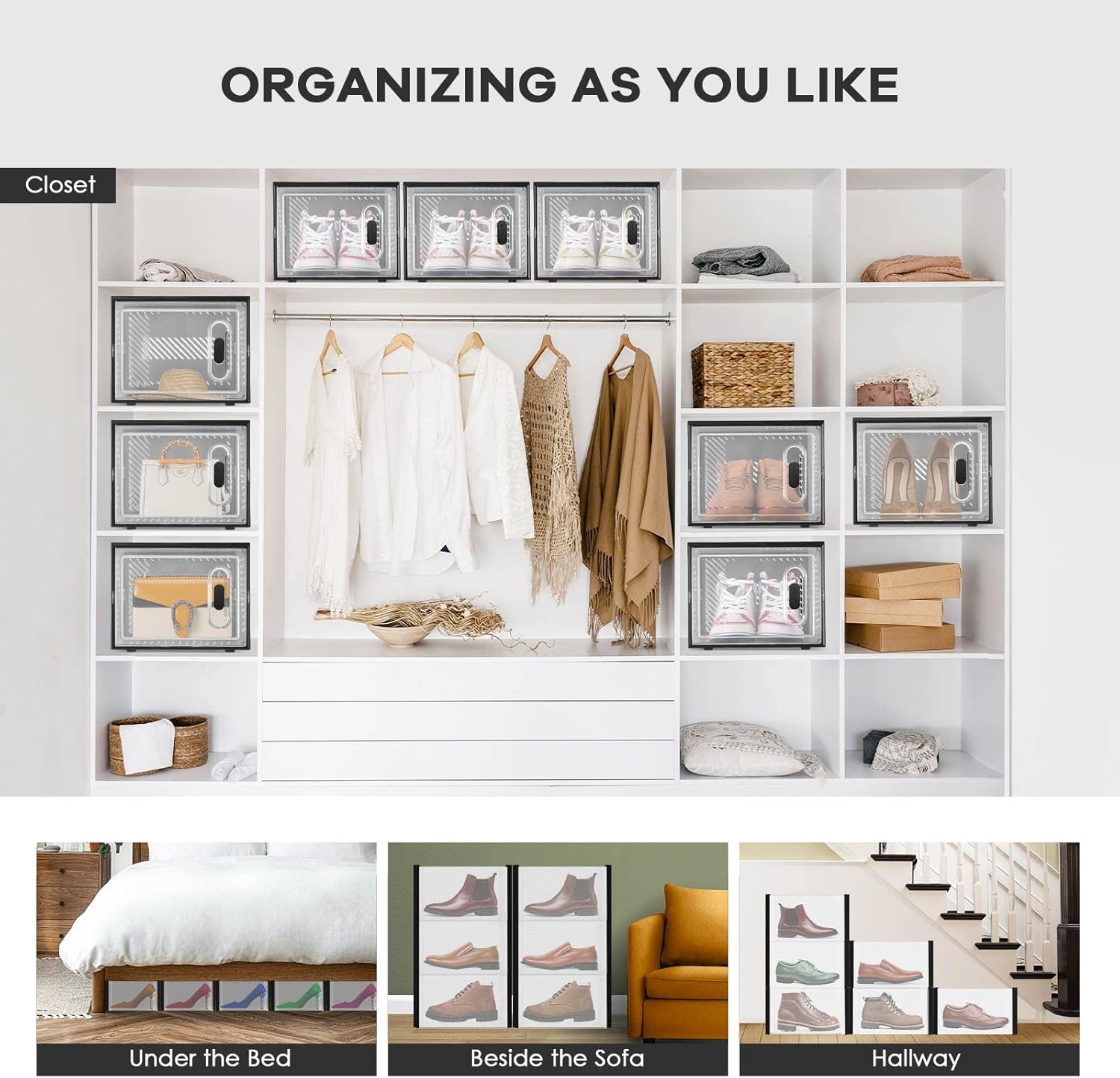 Orgnizze 24 Pack Shoe Storage Boxes with Aromatherapy Groove, Shoe Boxes Clear Plastic Stackable X-Large Fit to US Size 14 Sneaker Storage(12pcs Black+12pcs White) : Home & Kitchen