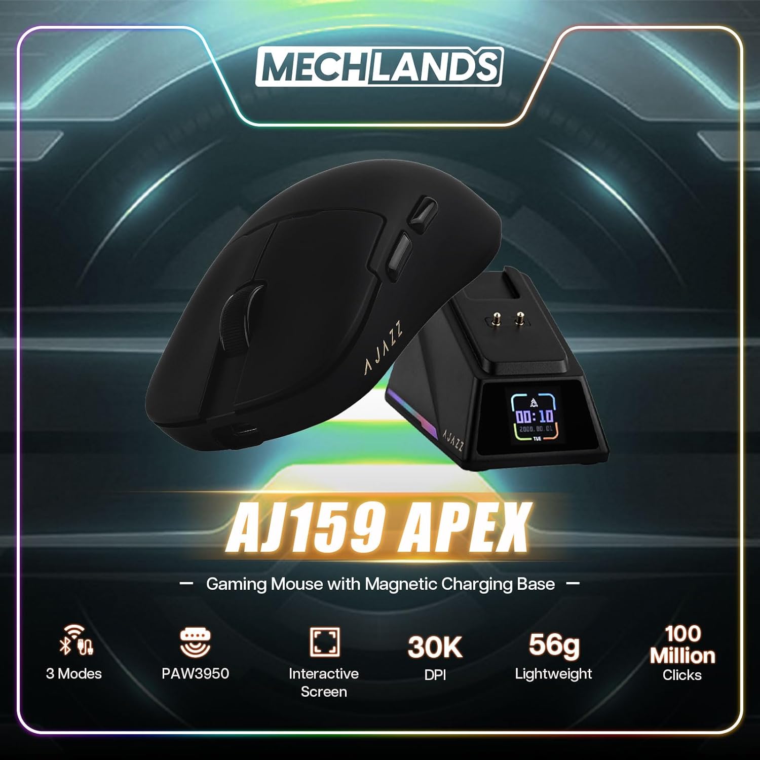AJ159 APEX Wireless Mouse, Lightweight Gaming Mice, with Magnetic Charging Design and Display Screen, 42000 DPI, PAW3950 Sensor, BT/2.4G/Wired Connection, 400mAh Battery (Black)