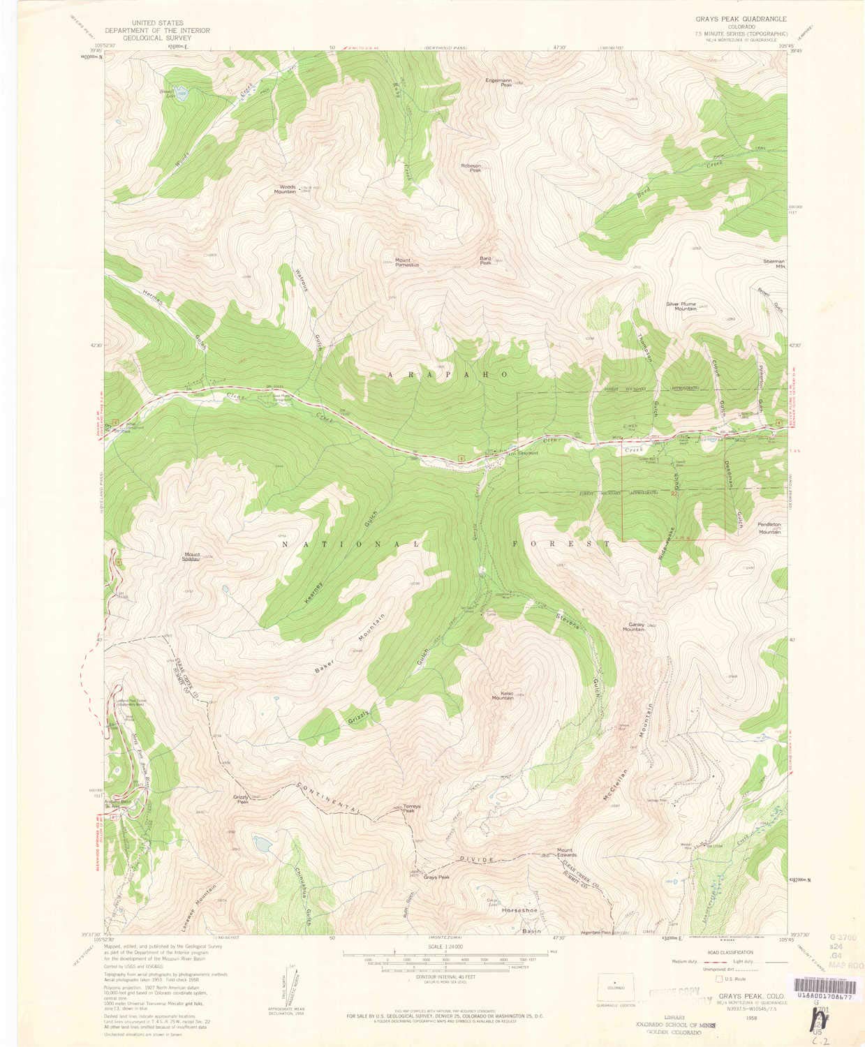YellowMaps Grays Peak CO topo map, 1:24000 Scale, 7.5 X 7.5 Minute, Historical, 1958, Updated 1962, 27 x 22.3 in - Polypropylene