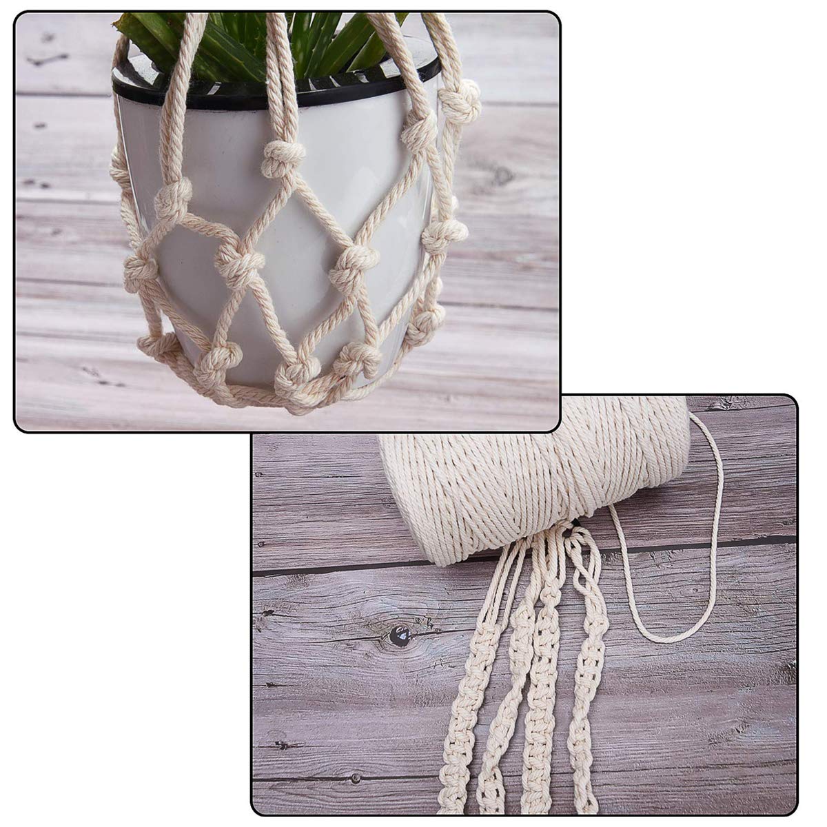Makramee-Kordel 3 mm 109 Meter beige 1 Packung, natürliches Baumwollseil für farbige Makramee-Stricken, 4 Stränge, gedrehtes Baumwollseil, handgefertigter farbiger Wandbehang, Webteppich