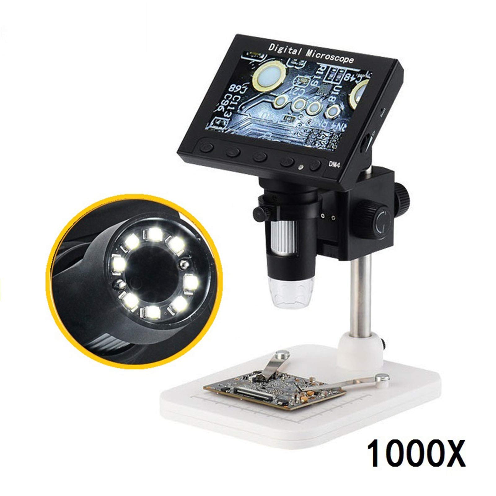 Microscopio digitale, Microscopio digitale a LED 1000x, microscopio video elettronico con visualizzazione da 4,3 pollici di sollevamento del supporto f/scheda madre
