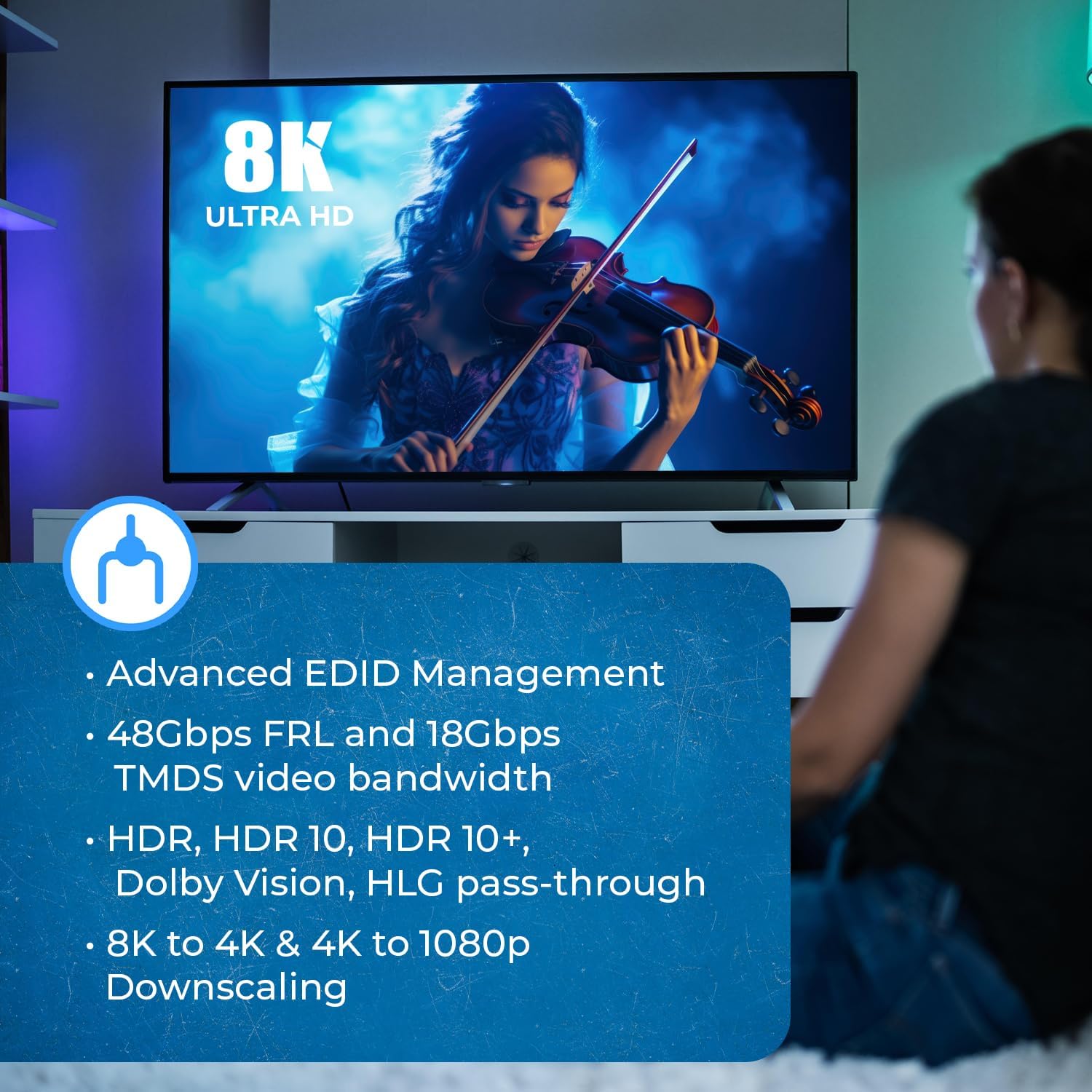 8K HDMI Splitter 1x8 – 48Gbps HDMI 2.1 Splitter 8 Port, 8K@60Hz 4K@120Hz, HDR Dolby Vision, HDCP 2.3, Downscaling 8K to 4K 1080p, Powered HDMI Splitter for TV Gaming Display