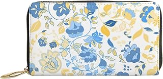 Carteiras femininas de couro genuíno verão rabisco floral porta-cartão de crédito estojo com zíper organizador de embreagem de couro feminino bolsa longa de viagem, Doodle floral de verão, 7x4.3x0.8 Inches
