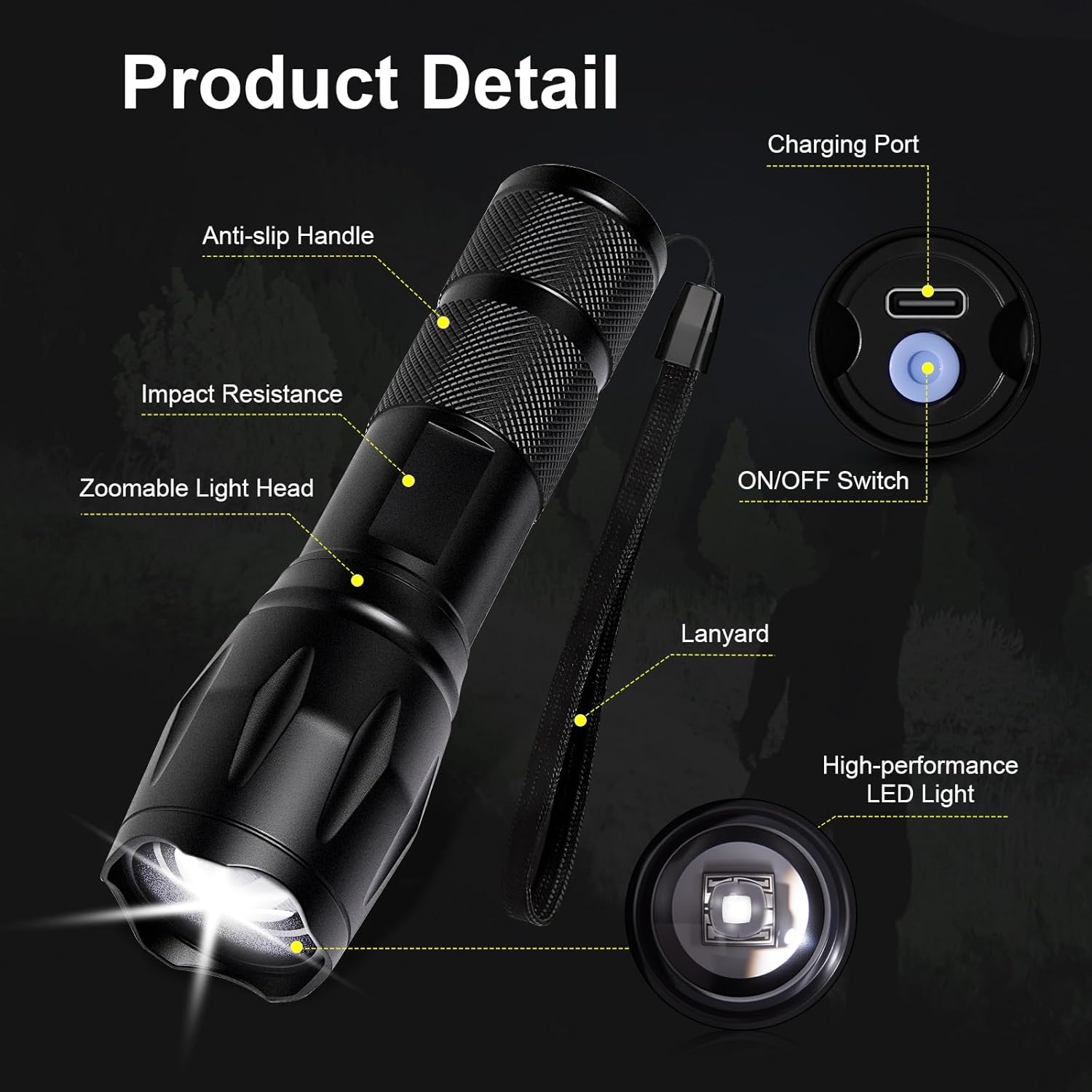 JINIU Rechargeable LED Flashlight, Bright Tactical Torch High Lumens, White Light, Waterproof Handheld Zoomable Flash Light, Gifts for Men, Hunting Camping Essentials Gear