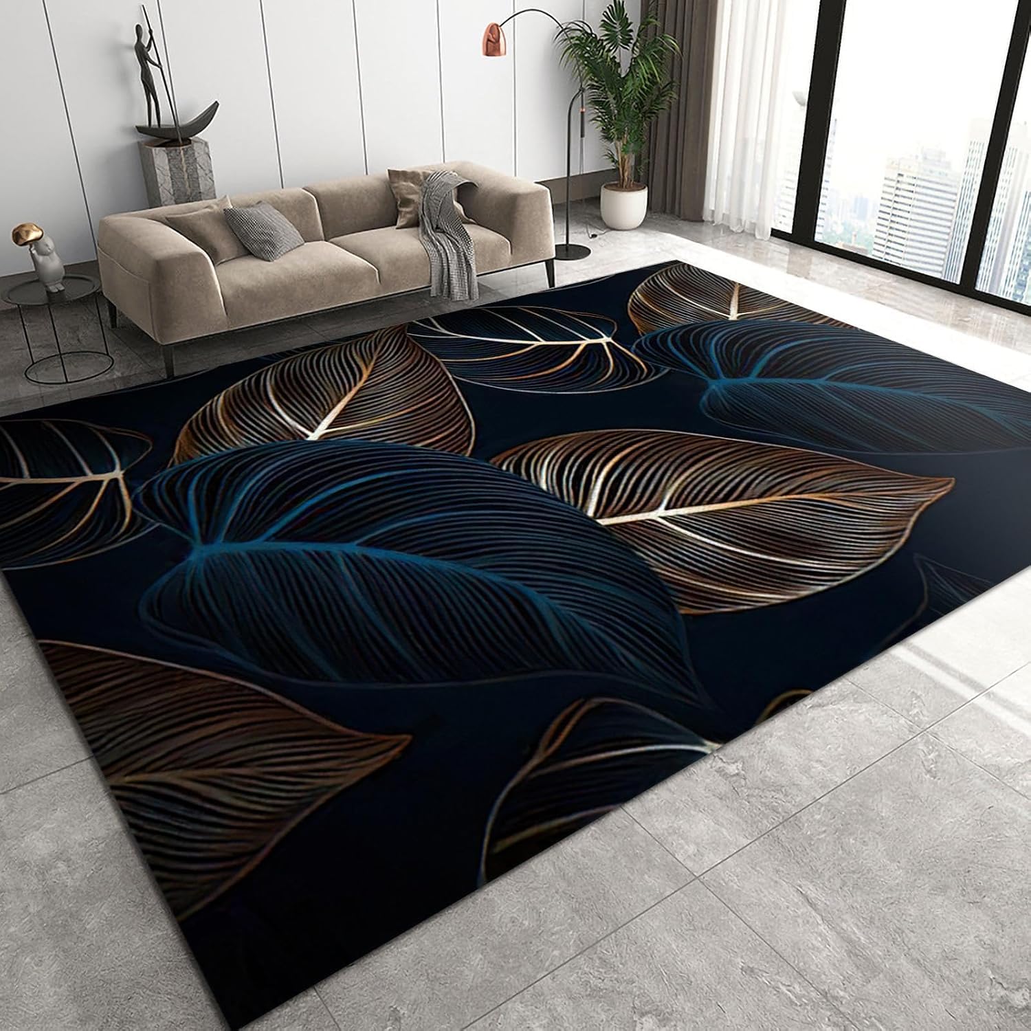 Tapis de salon 3D motif feuilles fleurs 100x200 cm antidérapant et lavable