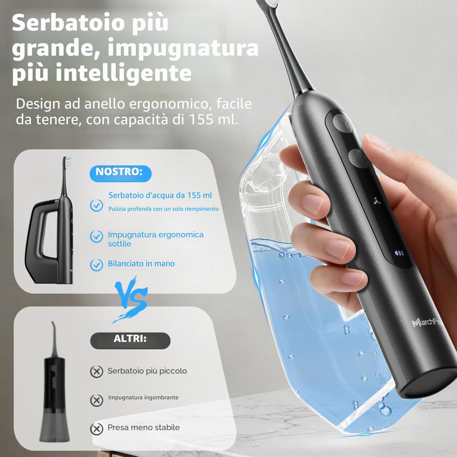 Marchpower 3-in-1 Spazzolino Elettrico e Idropulsore con Oscillazione a 46°, 3+4 Modalità, IPX7 Spazzolino Elettrico Professionale con Serbatoio Magnetico da 155 ml, 2 Testine di Ricambio, Grigio