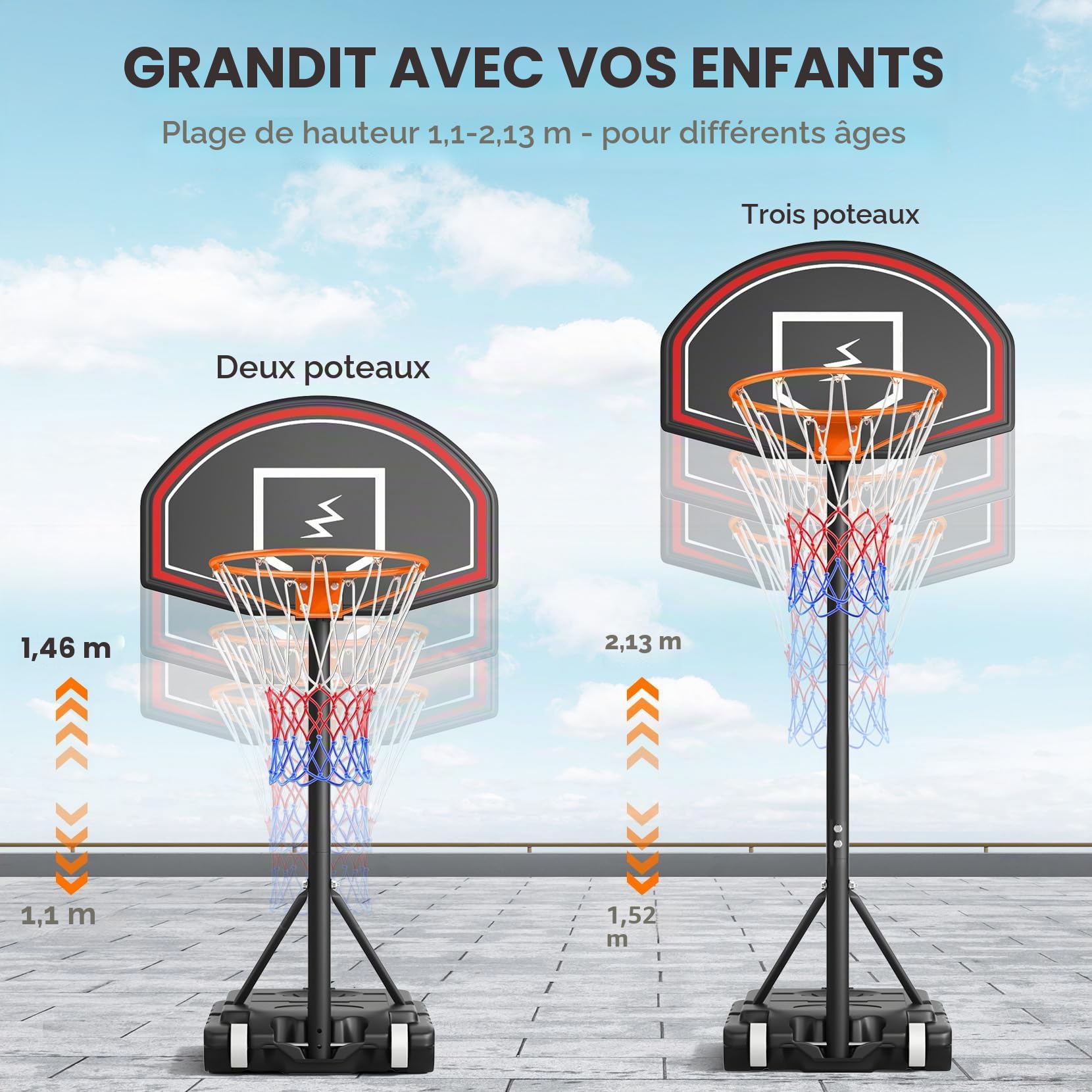 YOLEO Panier de basket extérieur pour enfants, réglable 160-210 cm, système Net System sur roues
