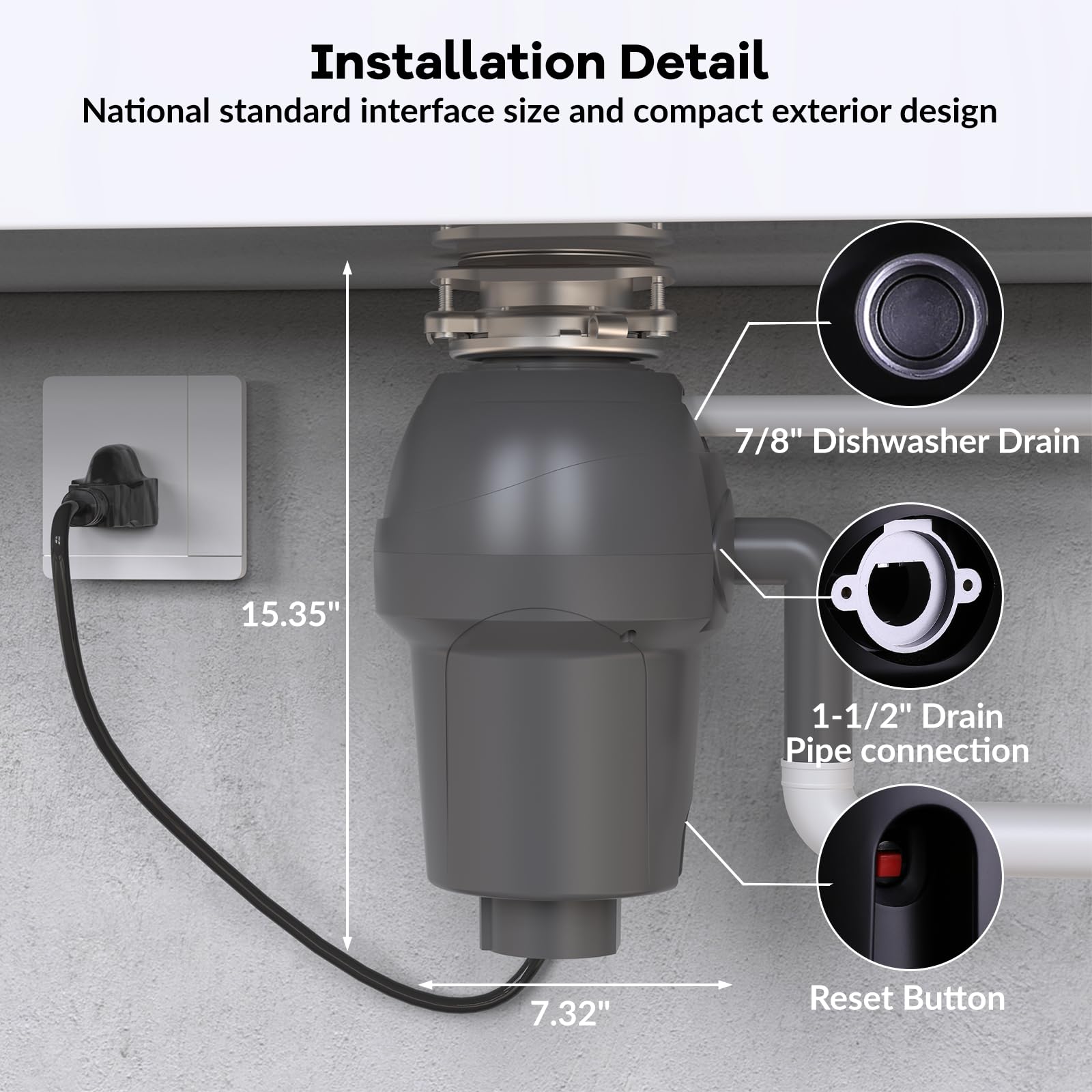 Triturador de basura de alimentación continua de 1/2 HP con interruptor de aire, motor ultra silencioso y sello de fregadero FLG, molinillo compacto de acero inoxidable para fregadero de cocina