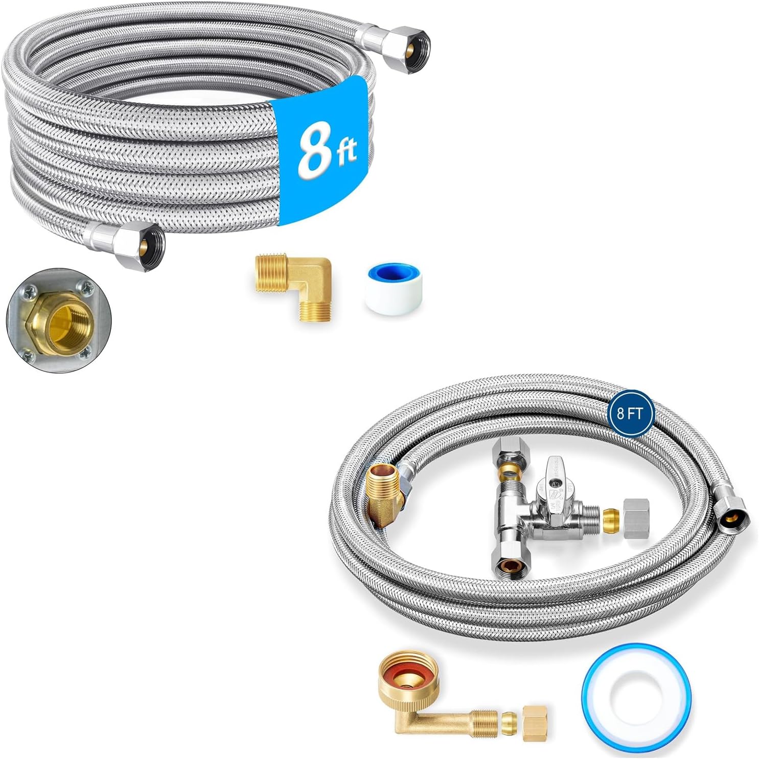 8 FT Stainless Steel Braided Water Supply Line for Dishwasher and Faucet(2pcs),Food Grade PEX Inner Tube Water Line with 3/8"x 3/8"x 3/8" Tee Stop Valve,3/8"x 3/8"MIP Elbow(2pcs),3/8"x 3/4"FHT Elbow