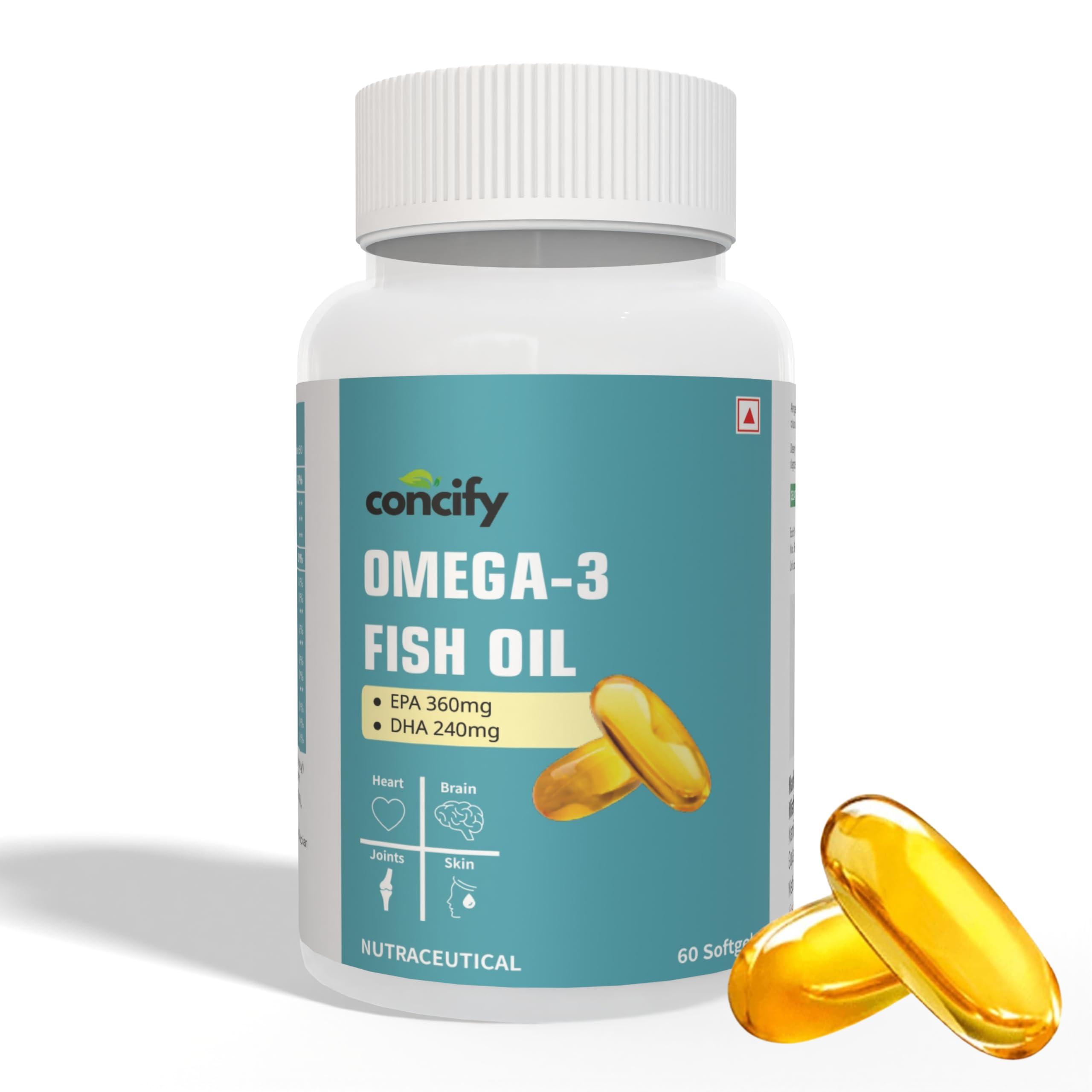 Concify Omega 3 Fish Oil Capsules – 1000mg Omega-3 with 360mg EPA & 240mg DHA | Supports Heart, Brain, Joints & Skin Health | 60 Softgels
