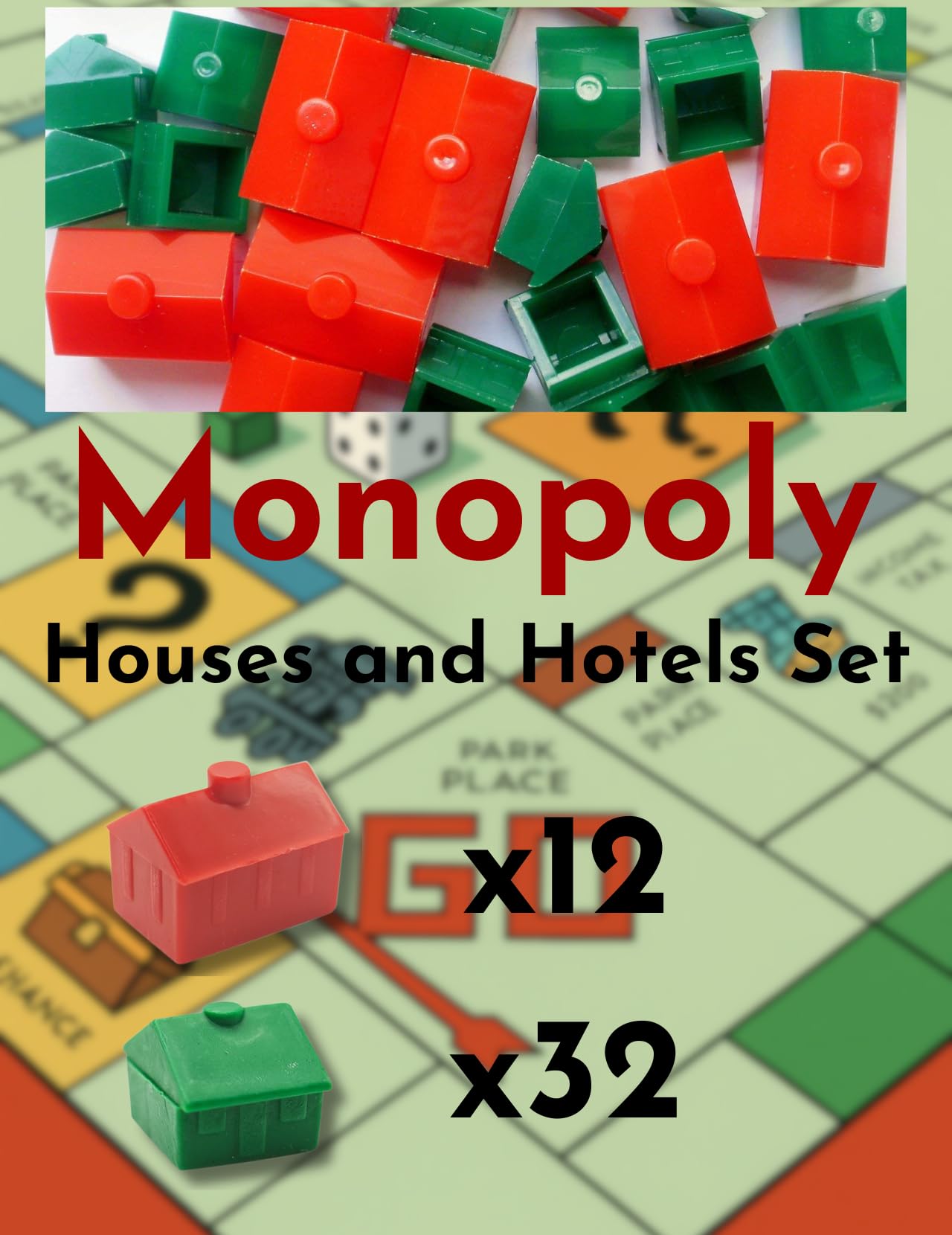 Monopoly Case & Hotel Set – 32 case verdi e 12 Alberghi rossi in plastica, pezzi di ricambio per Monopoly Classic, durevoli mattoncini da gioco e accessori per la serata di gioco (set casa)