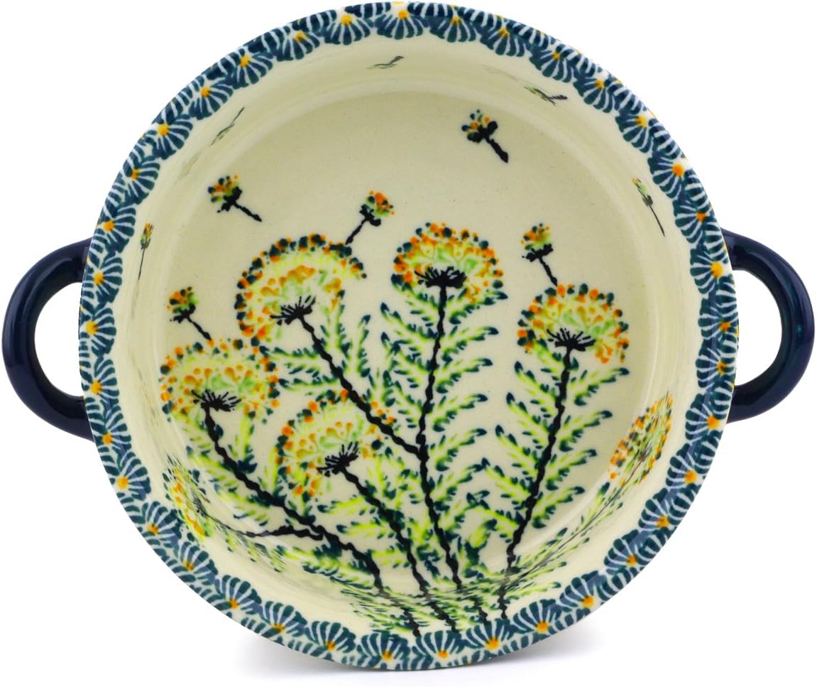 Polmedia Polish Pottery Round Baker with Handles - Yellow Dandelions Pattern Handmade in Boleslawiec Poland + Certificate of Authenticity