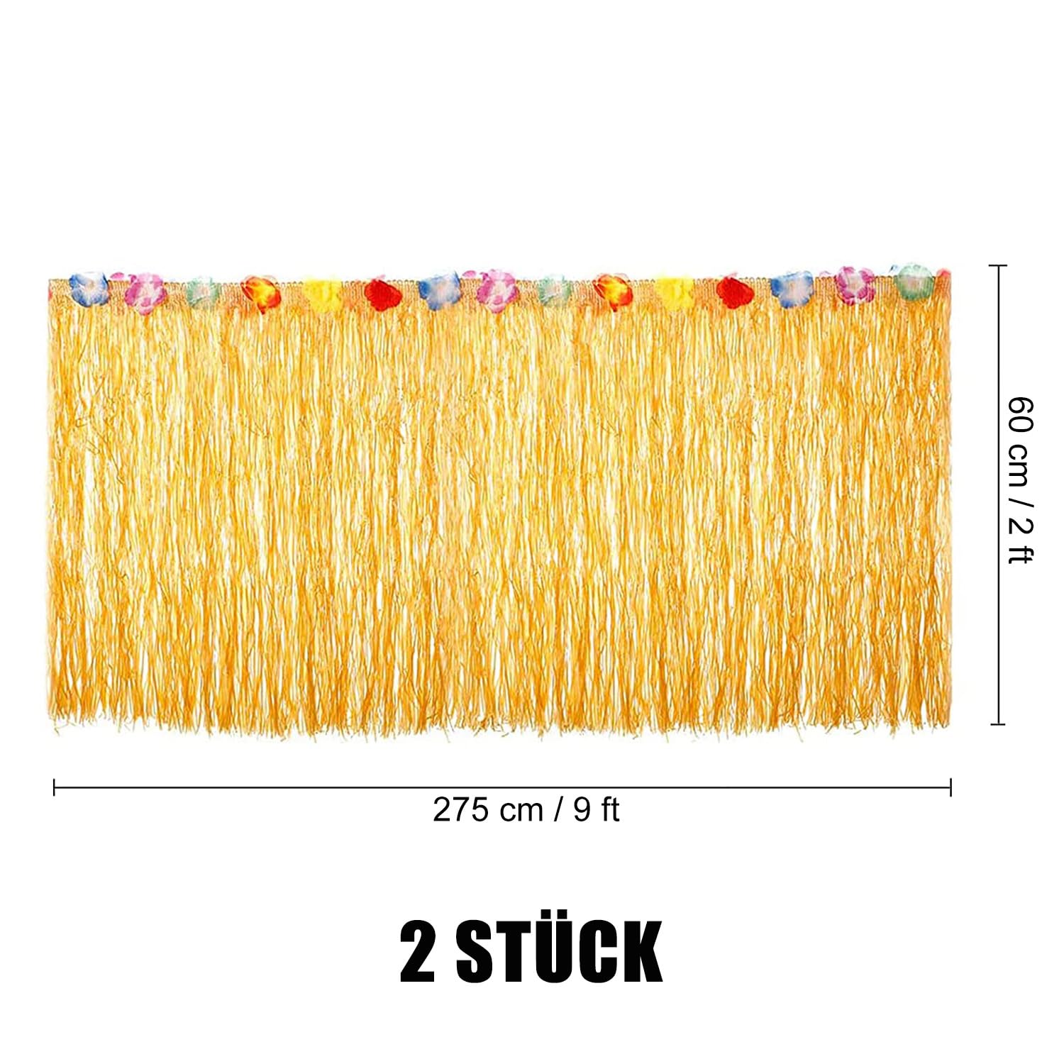 2 Stück Hawaii Tischröcke, Hawaii Party Dekoration mit Mehrfarbe Blumen, 275 x 60cm, Gold