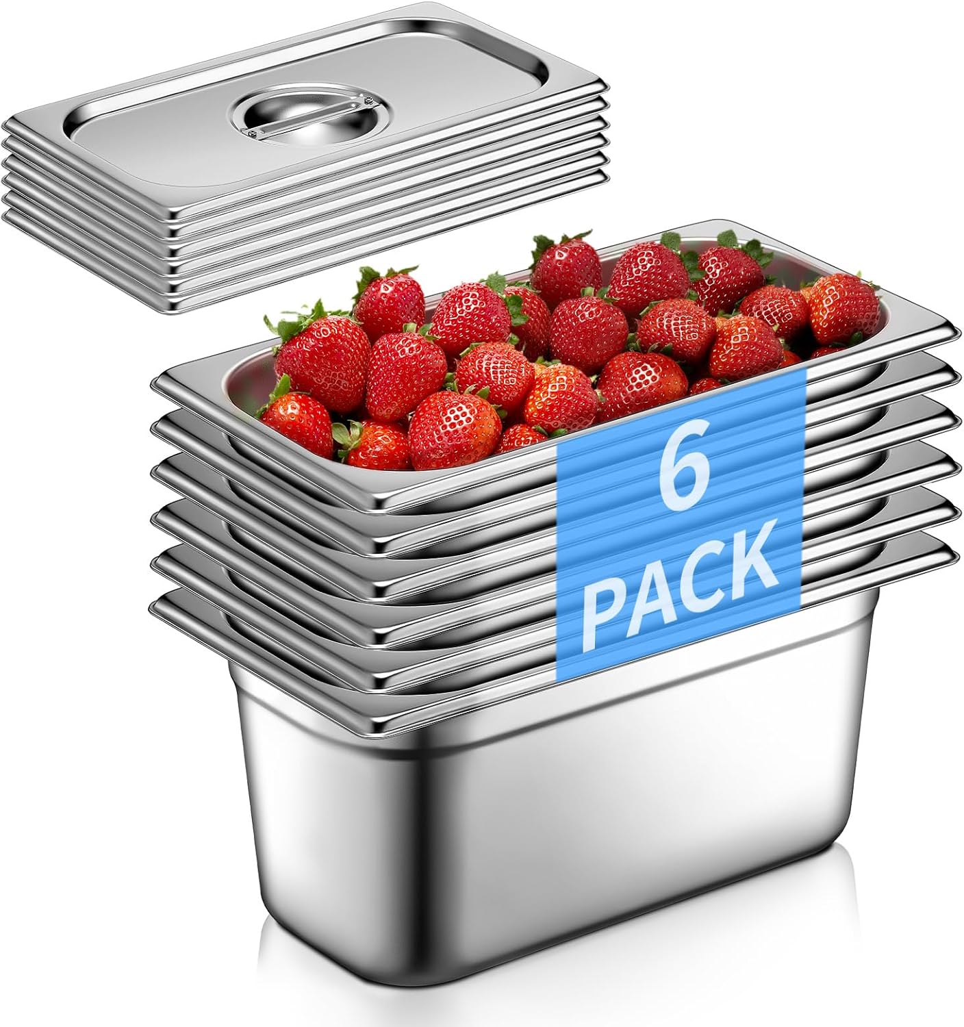FOHERE GN 1/3 Gastronormbehälter Edelstahl mit Deckel, 6 Stück Behälter, 33 x 18 x 15 cm, Speisebehälter, Kommerzieller Warmhaltebehälter für Speisen, Torten, Hotelpfanne Tisch Food Pan