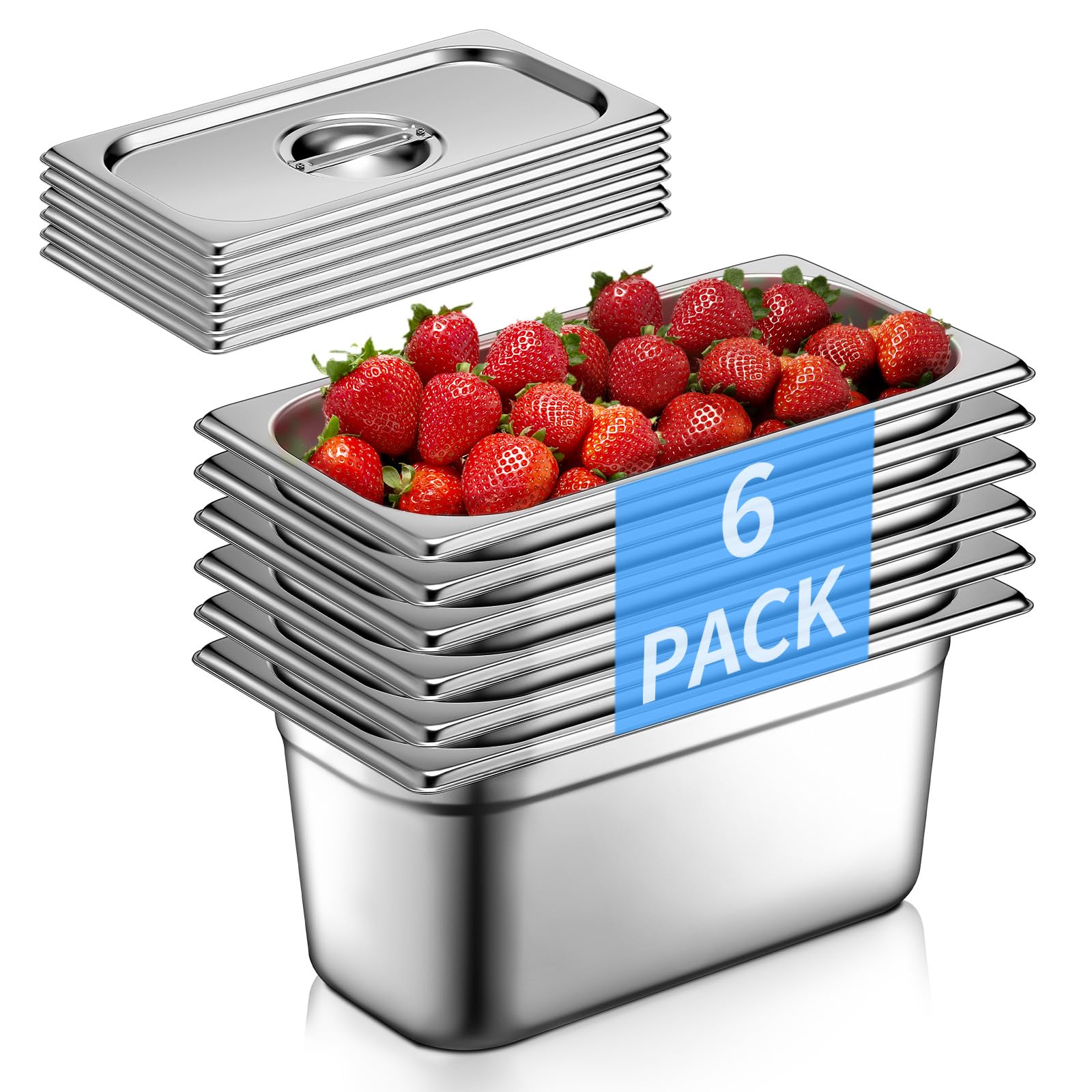 FOHERE 6 Contenitore GN 1/3, Contenitori Acciaio Inox，33x18x15 cm, Compatibile con i forni a convezione, frigoriferi, Coperchio, Teglia da Forno per Bar, Ristorante e Hotel