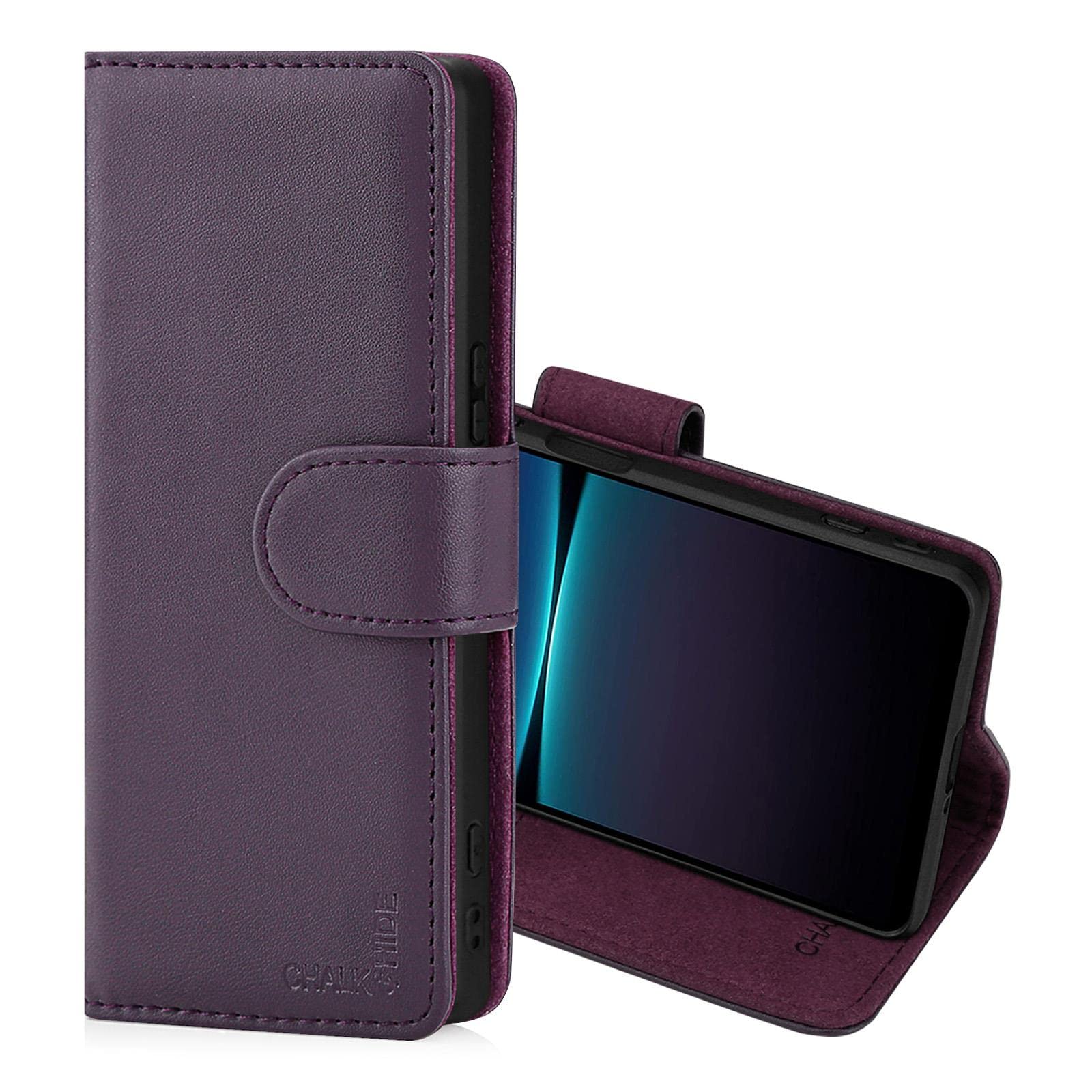 CHALK & HIDE - Real Leather Book Wallet Flip Case Cover For Sony Xperia 10 IV (2022), Real Leather Design With Card Slot, Magnetic Closure and Built In Stand - Aubergine