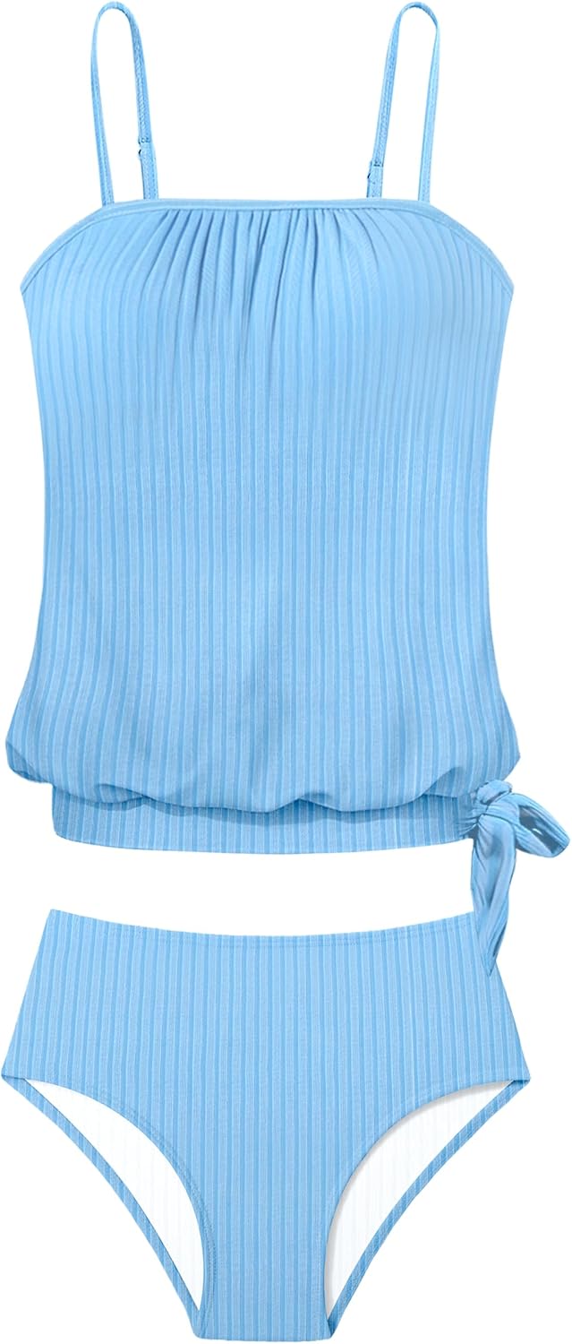 DONWEN Girls Blouson 2 Piece Tankini Swimsuits Loose Fit Modest Swimming Suit for Girls Side Tie Bathing Suit for 9-16 Years