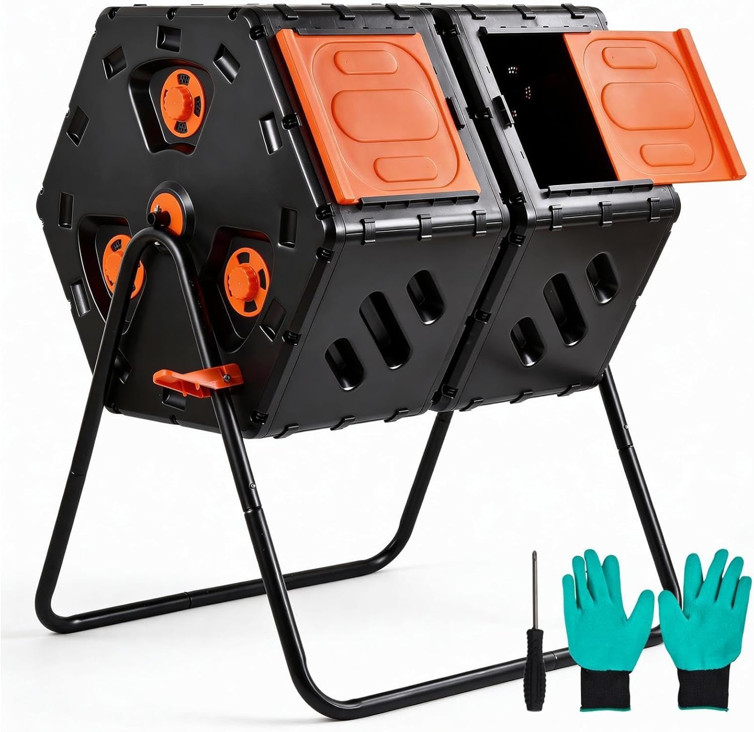 170L Duals Chamber Rotating Tumbling Composter, High Volume Outdoor Compost Bin with 45 Gallon Capacity for Backyard Garden, Continuous Fast Composting for Kitchen & Yard Waste, No Turning by Hand