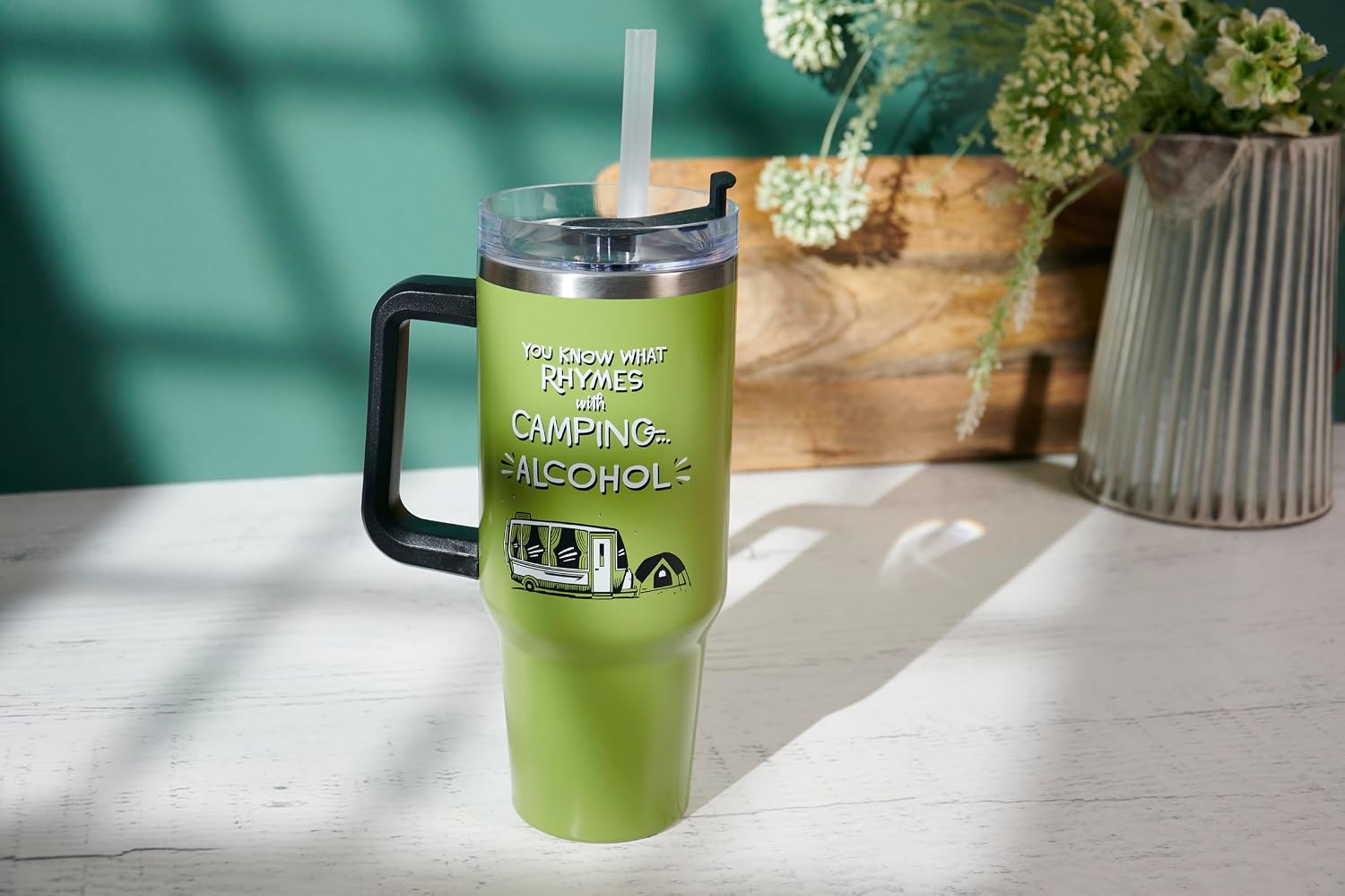 Primitives by Kathy Travel Mug - playful sentiment you know what rhymes with camping... alcohol
