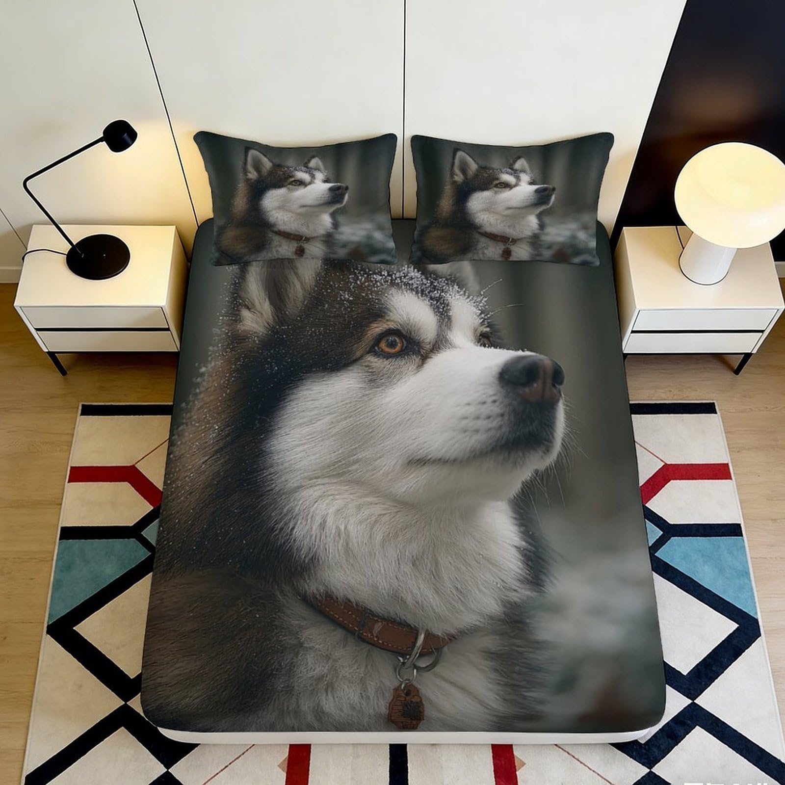 3D Printed Husky Wolf Fitted Sheet Microfiber Anti-Slip Bedroom Decor Dog Pattern Mattress Cover for Home Dorm 120x200x25cm