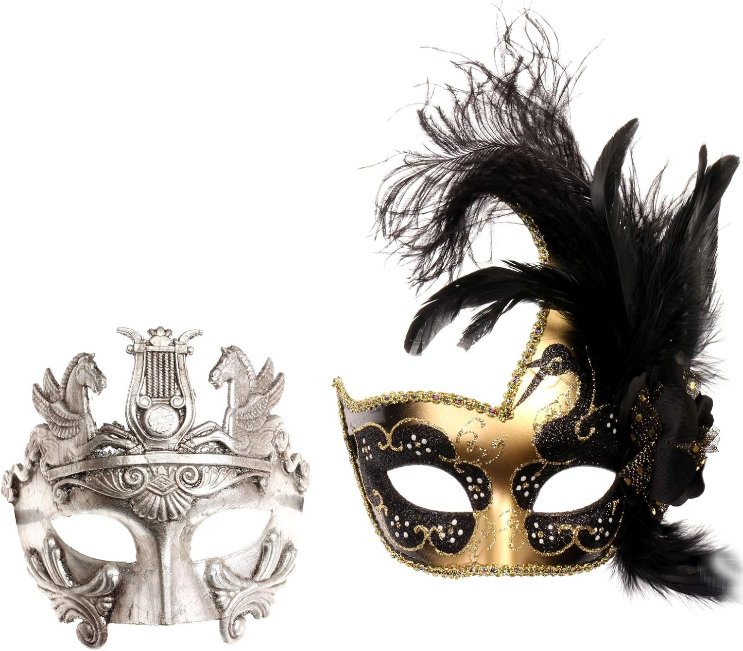 Greek Emperor Silver & Greek Feather Masquerade Couple Masks