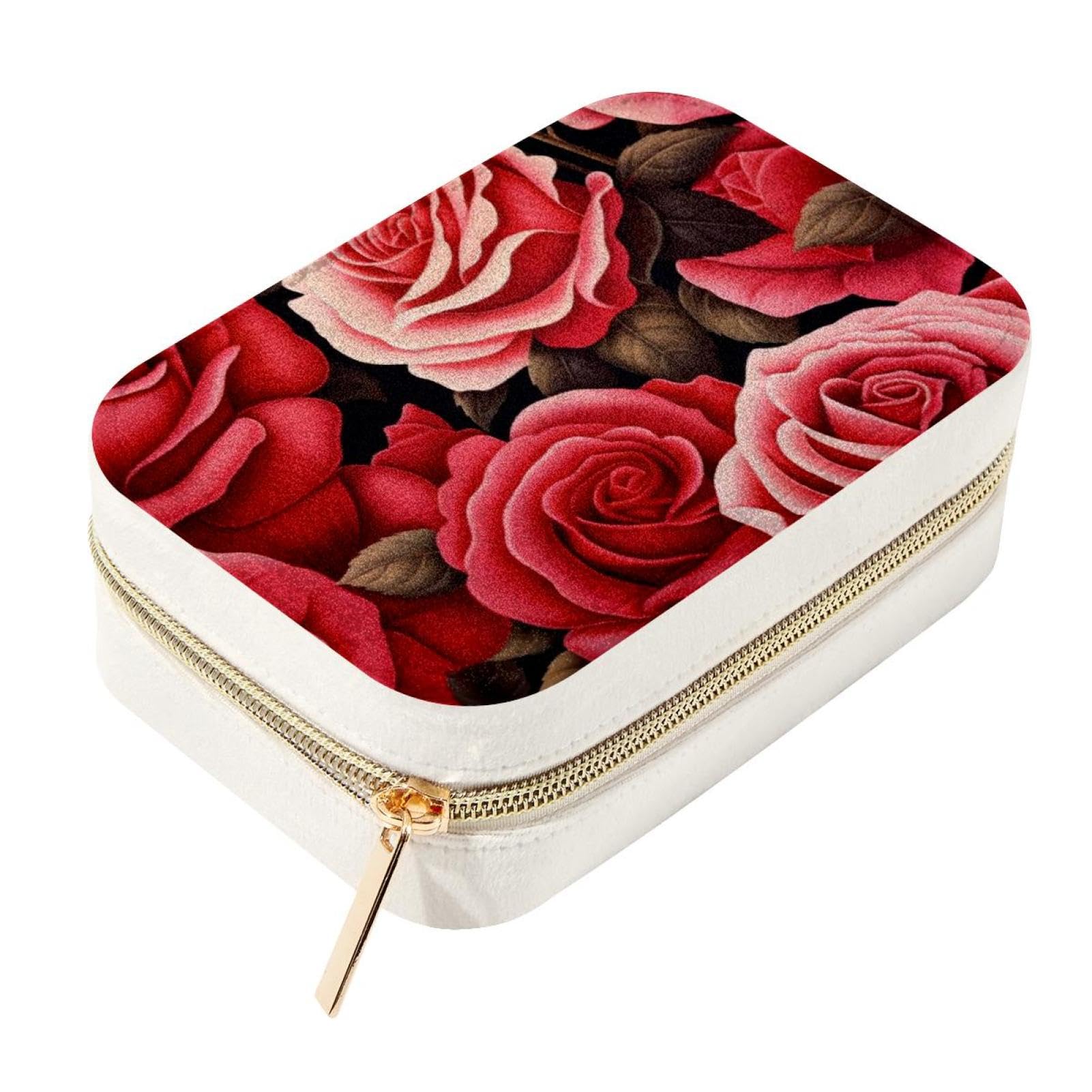 Caja de joyería de viaje de terciopelo rosa con soportes para pulseras y aretes sin nudos