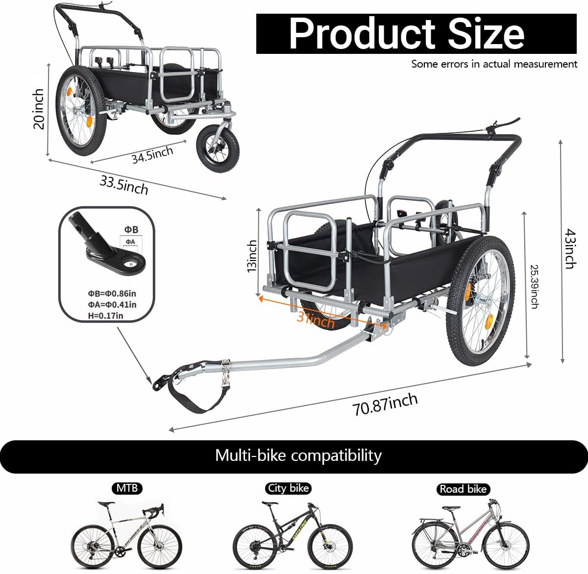 3-in-1 Heavy Duty Bike Cargo Trailer Convertible Stroller and Pull Cart 150lbs Capacity with Upgraded Wide Fat Tires