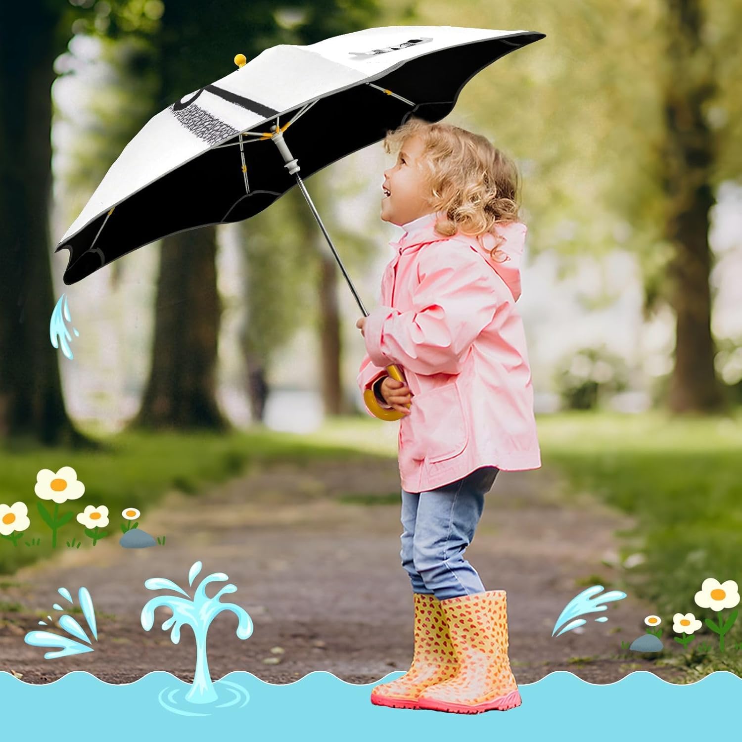 Minimalist Stick Figure Cat White Character print kids umbrellas Rain & Windproof Umbrella with Reflective Strip for rain windproof for outdoor