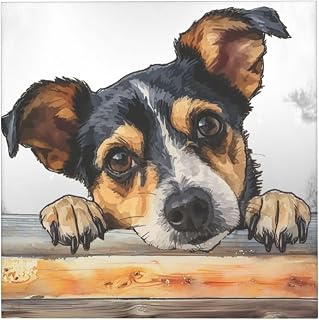 Framed Wall Art Cute Jack Russell Terrier Dog, Retro Painting Prints Canvas Wall Decor Home Office Decoration 16 x 16 Inch, Housewarming Gifts